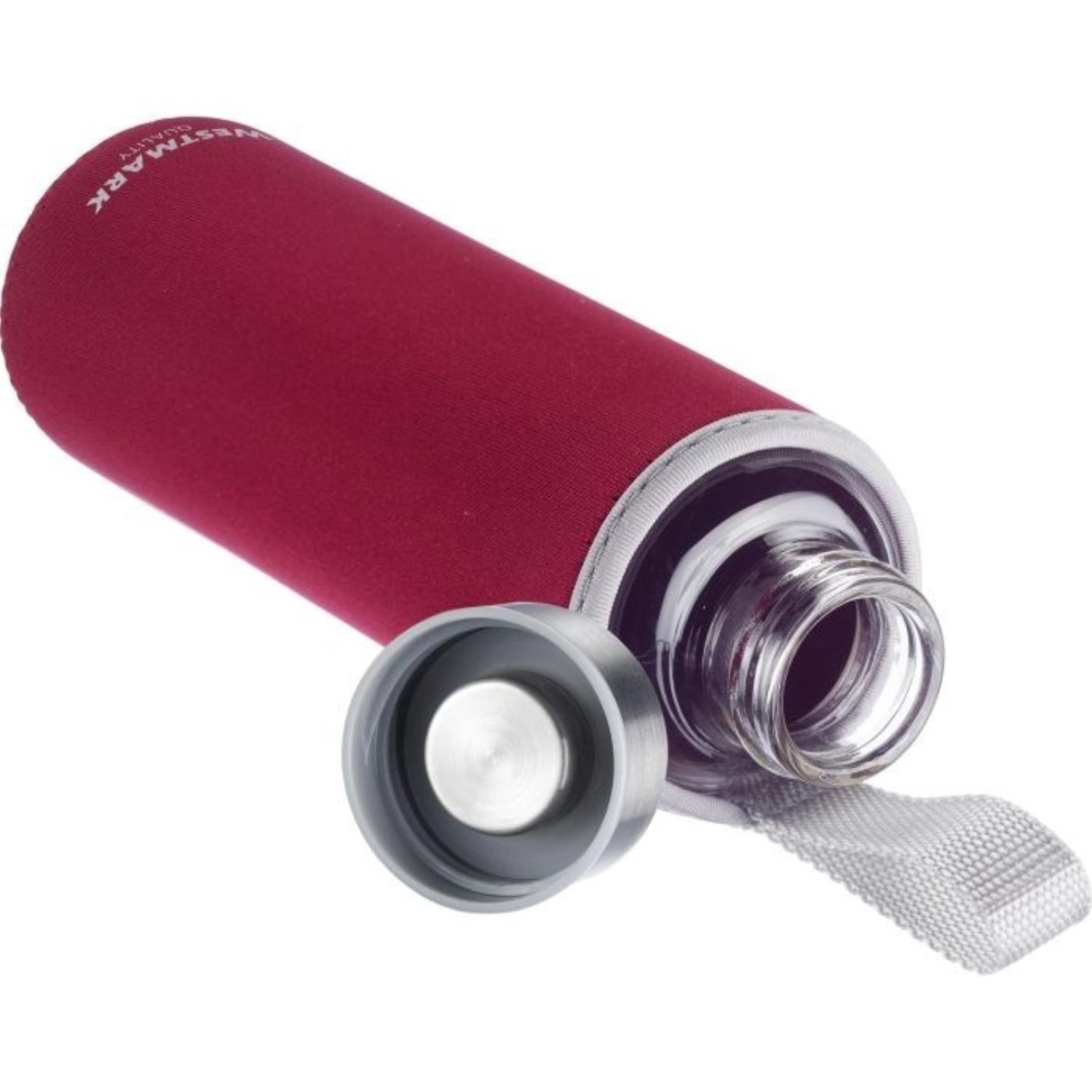 Moderne Trinkflasche Viva aus robustem Glas, 0,55 l, in leuchtendem Rot mit schützendem Cover – perfekt für nachhaltigen Genuss unterwegs.