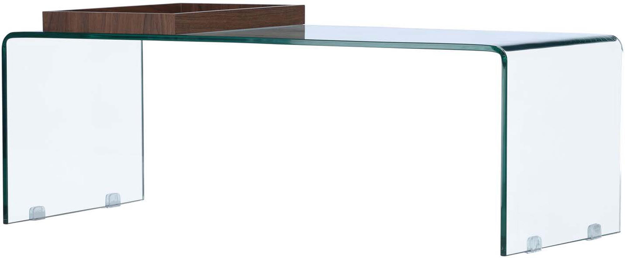 Eleganter Telemark Couchtisch von Venture Home: Kombination aus Glas und Holz, perfekt für moderne Wohnräume, Maße 50x110x38 cm.