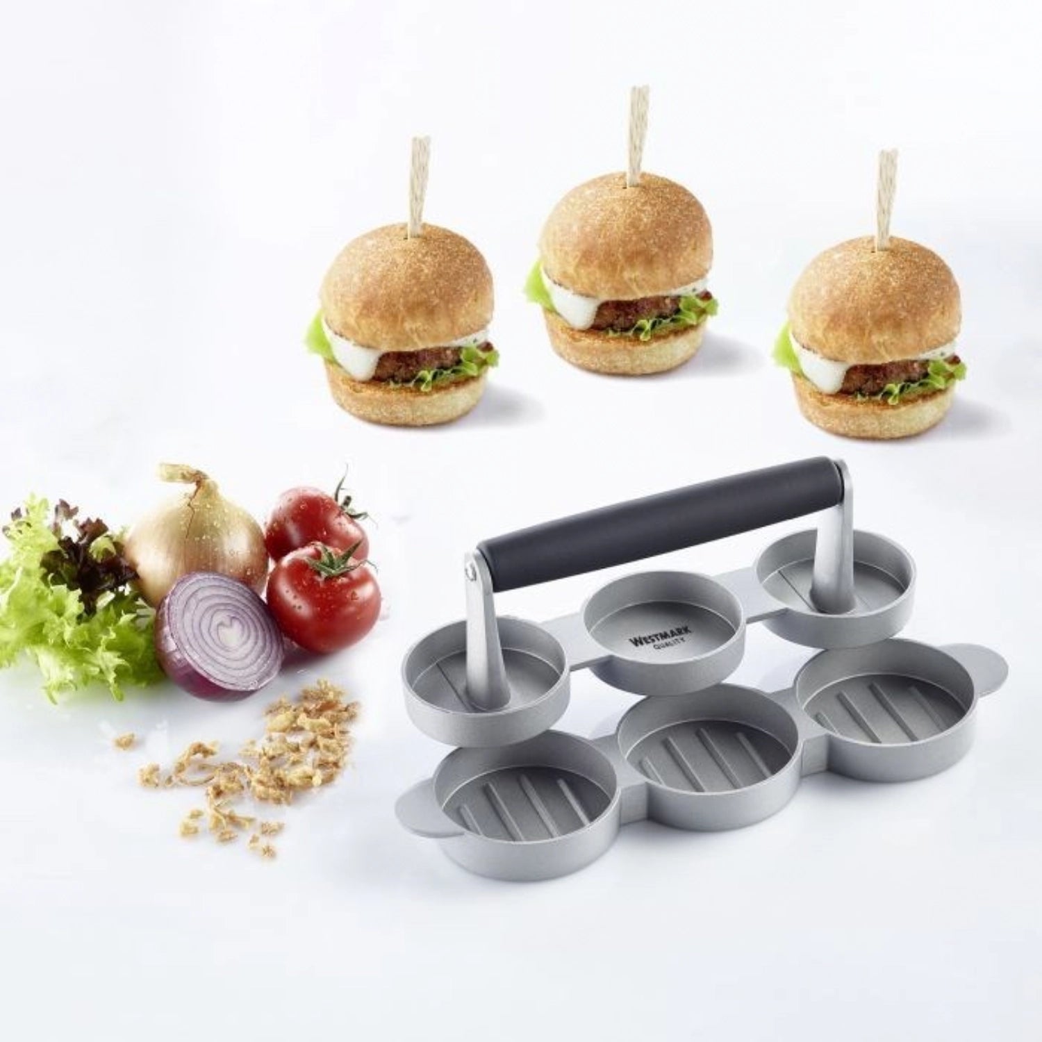 Praktischer Mini-Hamburgermaker Trio von Westmark, 24.5x8cm, für kreative Burgerideen und köstliche Mini-Burger im Handumdrehen.