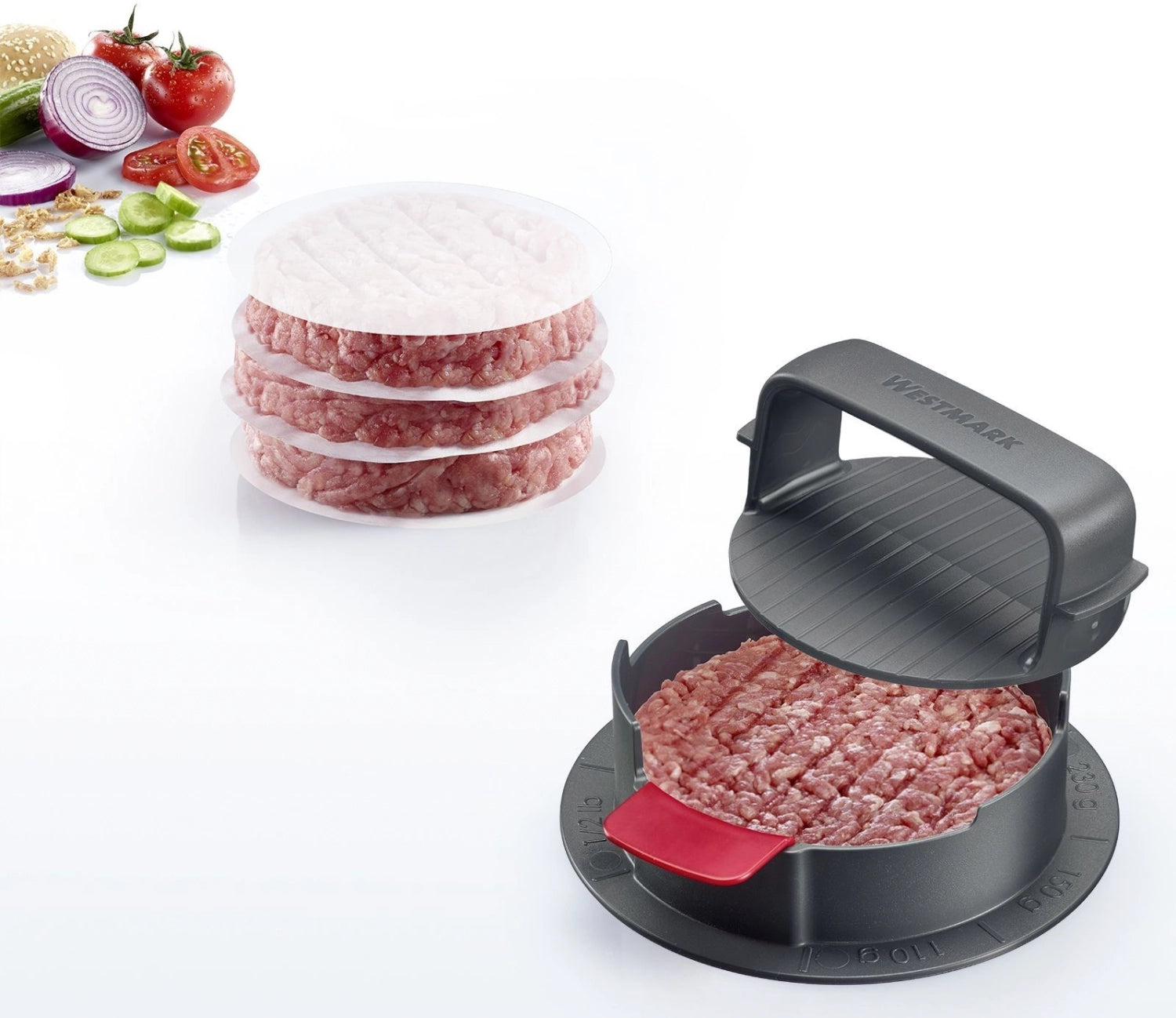 Der Hamburgermaker Vario Plus von Westmark ermöglicht die einfache Zubereitung von gleichmäßigen Burger-Patties, ideal für Grillabende.
