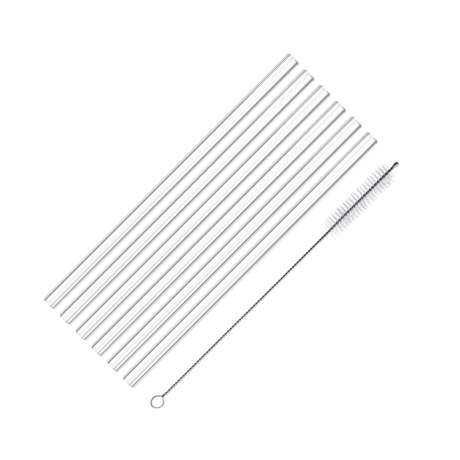 Set aus 6 flexiblen Glas-Trinkhalmen (D8 x 200 mm) von Westmark, ideal für umweltbewusste Getränke, inklusive Reinigungsbürste für mühelose Reinigung.