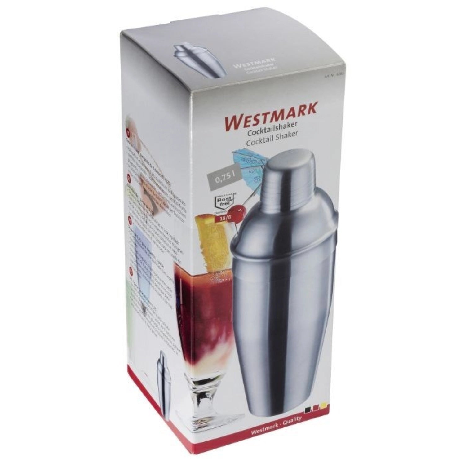 Eleganter 3-teiliger Cocktailshaker von Westmark mit 0,75 l Fassungsvermögen, ideal für kreative Mixgetränke und stilvolle Cocktails.