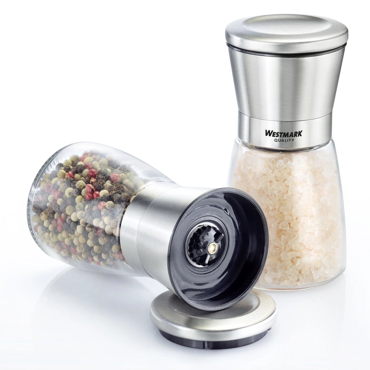 Elegantes 2-teiliges Gewürzmühlen-Set aus Edelstahl von Westmark, perfekt zum Mahlen von Salz und Pfeffer für jede Küche.