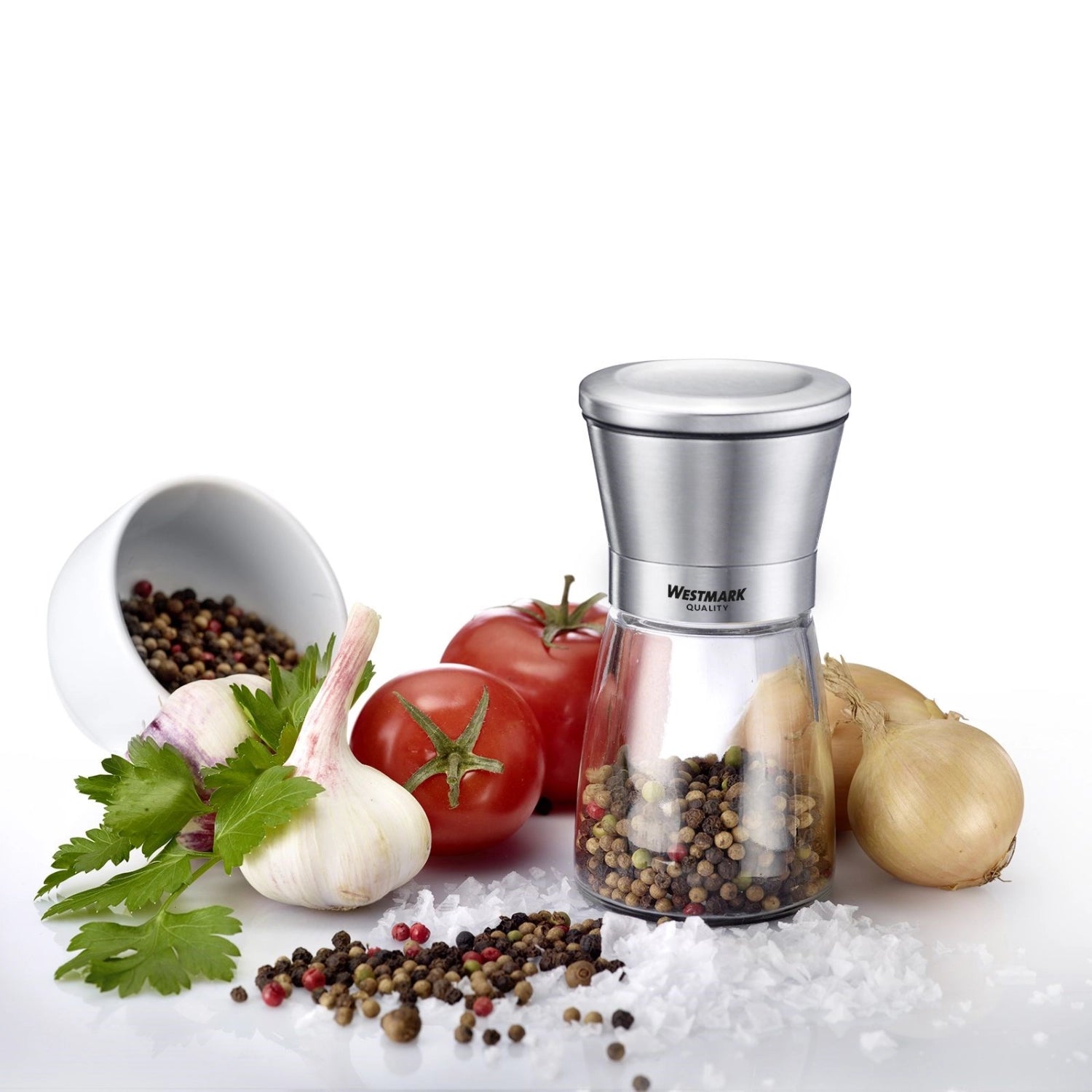 Elegantes 2-teiliges Gewürzmühlen-Set aus Edelstahl von Westmark, perfekt für die stilvolle Zubereitung von Salz und Pfeffer in der Küche.