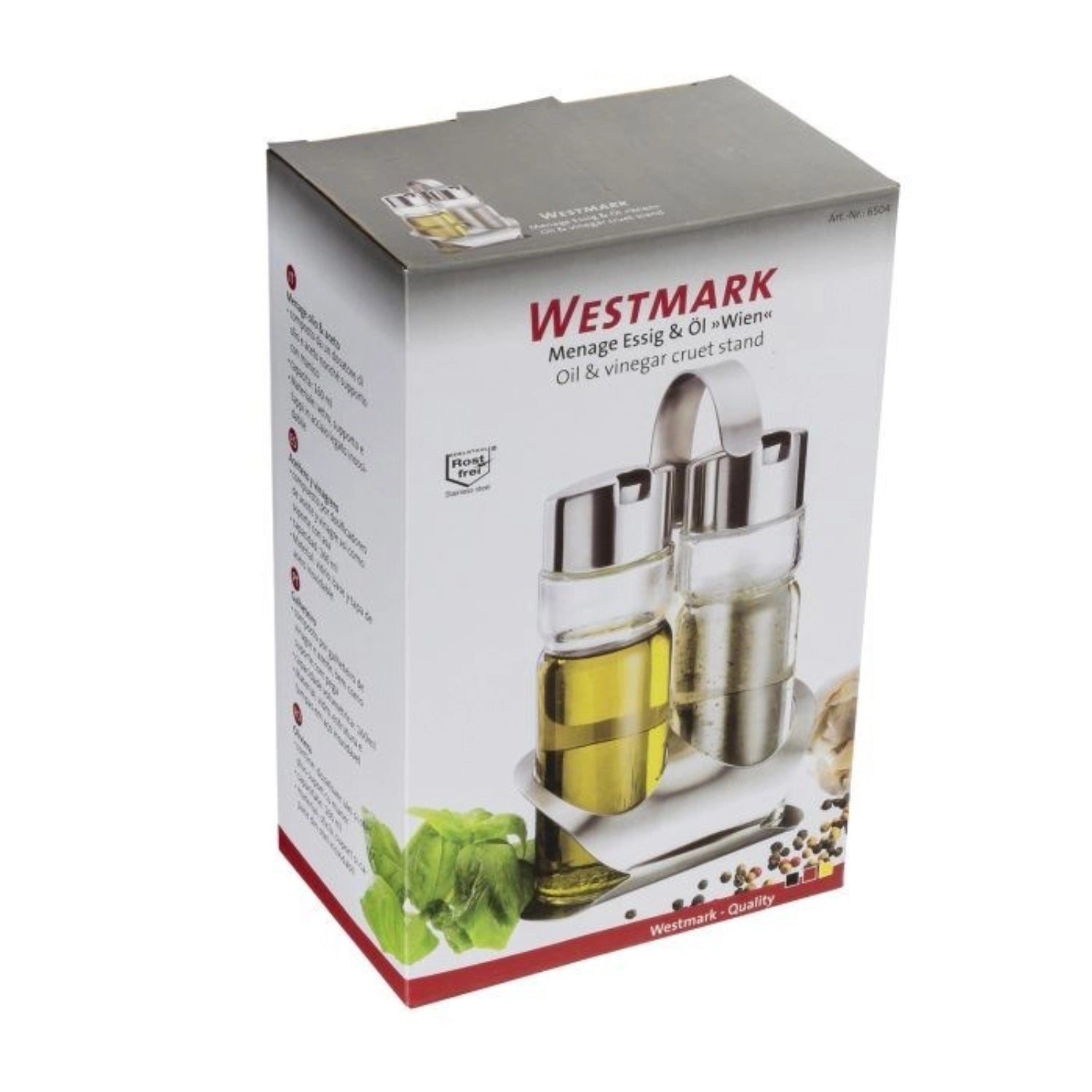 Stilvolles 2-teiliges Menage-Set für Essig und Öl "Wien" von Westmark, ideal für die geschmackvolle Präsentation und präzise Anwendung.