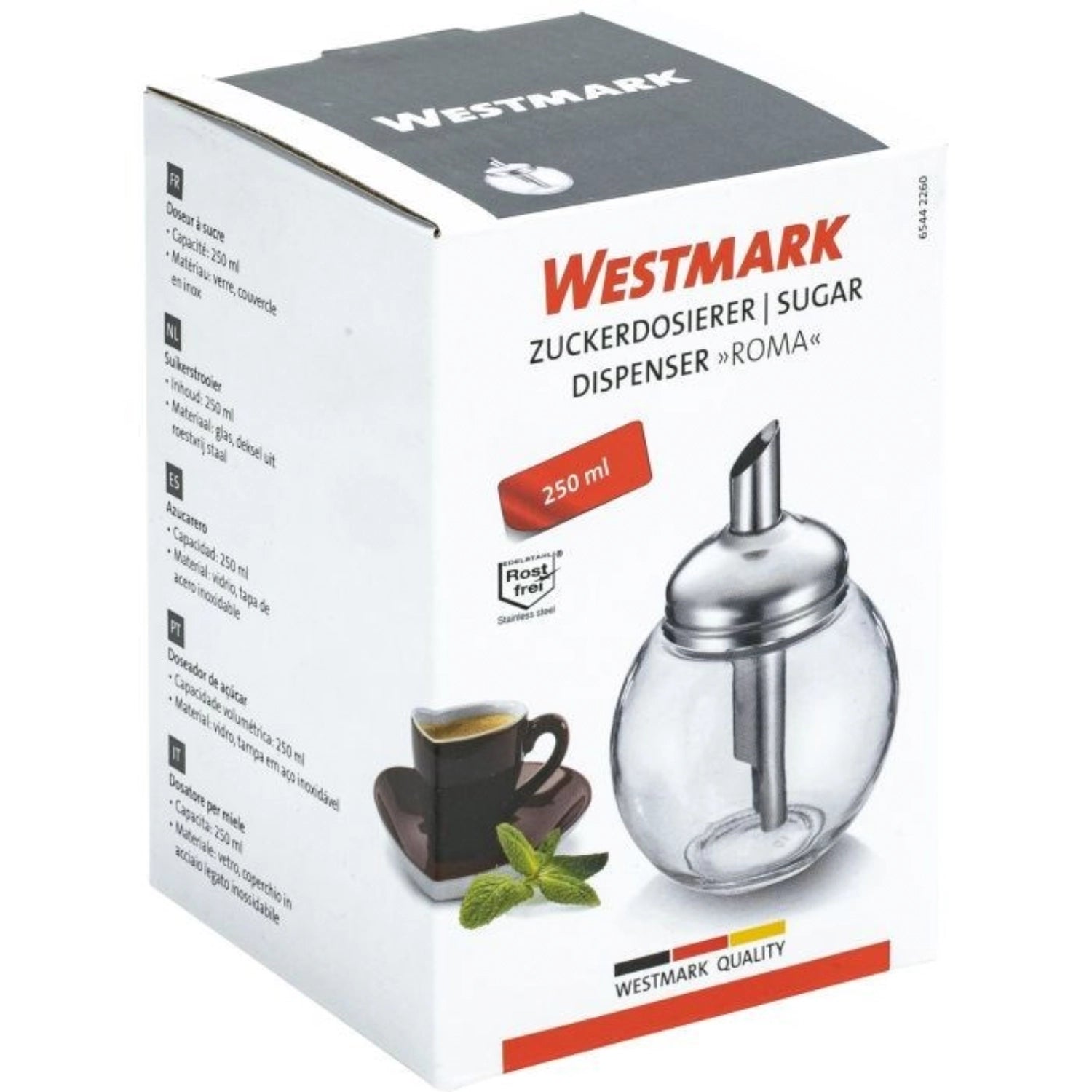 Praktischer Zuckerdosierer Roma 250ml von Westmark, ideal für präzises Zuckern von Kaffee und Tee. Stilvolles, transparentes Design für jeden Anlass.