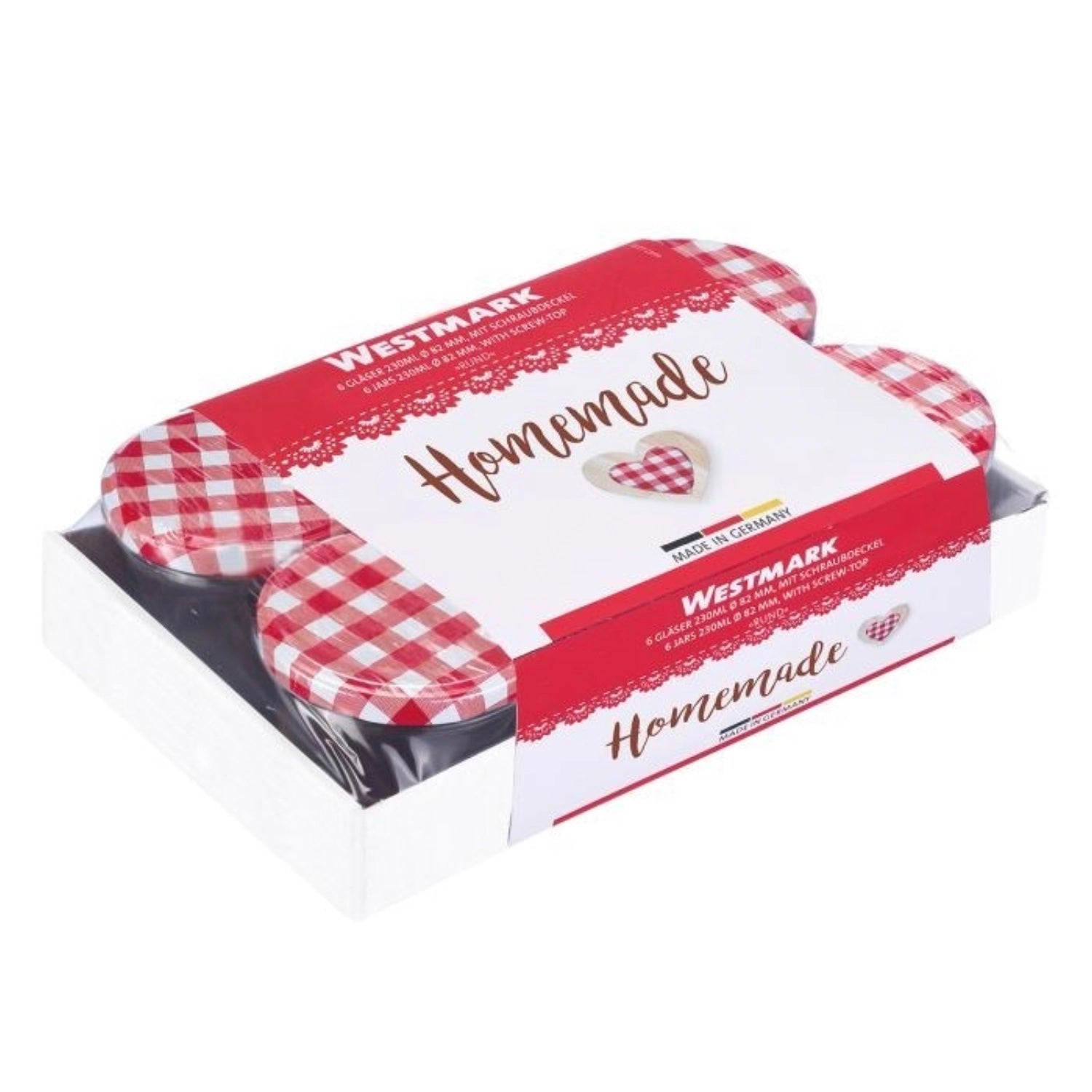 Set aus sechs 230 ml Wurst- und Sturzgläsern von Westmark, ideal für die Aufbewahrung und Präsentation von eingelegten Köstlichkeiten.