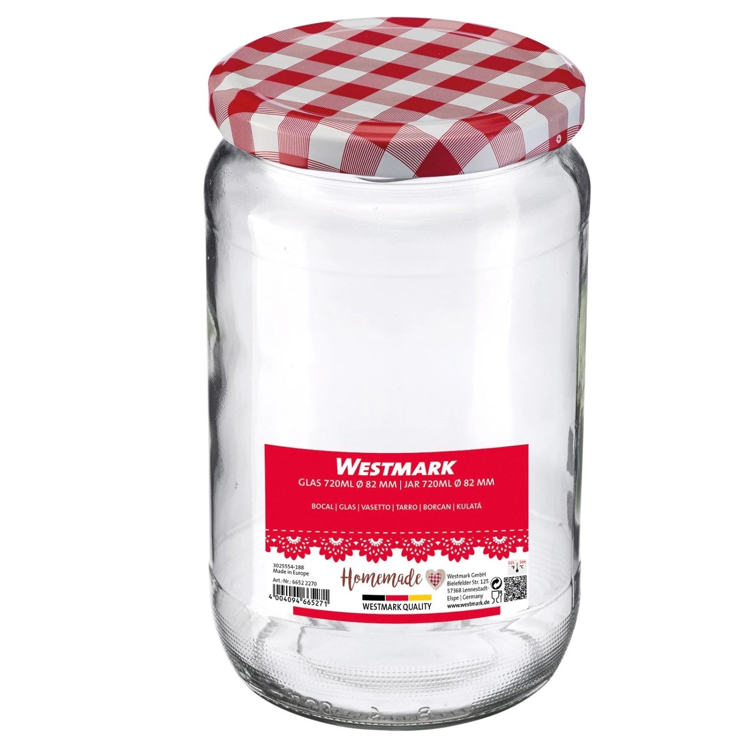Rundes 720 ml Einmachglas von Westmark mit 82 mm Durchmesser, perfekt für die kreative Lagerung und stilvolle Präsentation von Lebensmitteln.