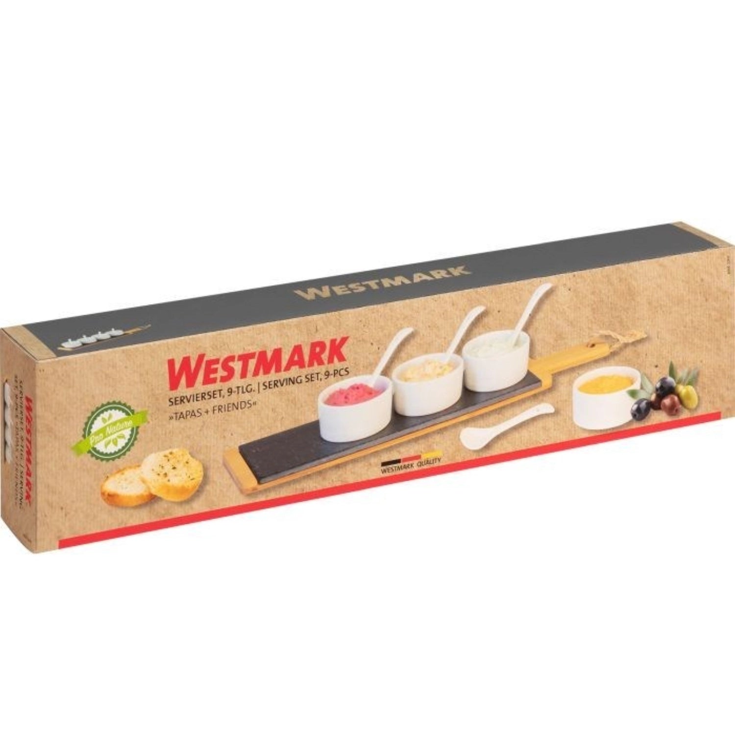 Elegantes 9-teiliges Tapas-Servierset von Westmark, perfekt für gesellige Abende und ansprechende Snack-Arrangements.