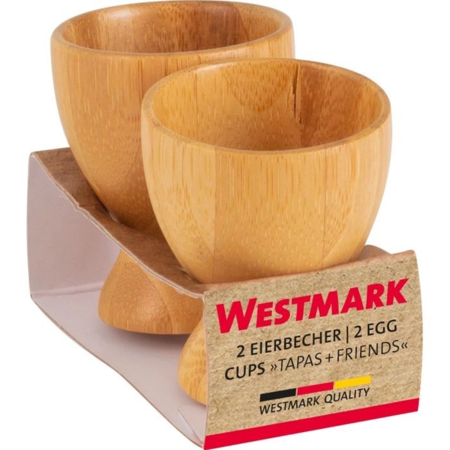 Zwei elegante Eierbecher aus robustem Bambus von Westmark, perfekt für Tapas und Snacks, kombinieren modernes Design mit Funktionalität.