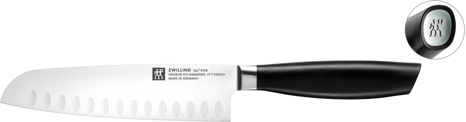Hochwertiges Santokumesser mit Kullen von Zwilling All Star in chrome-silber, perfekt für präzises Schneiden und vielseitige Küchenanwendungen.