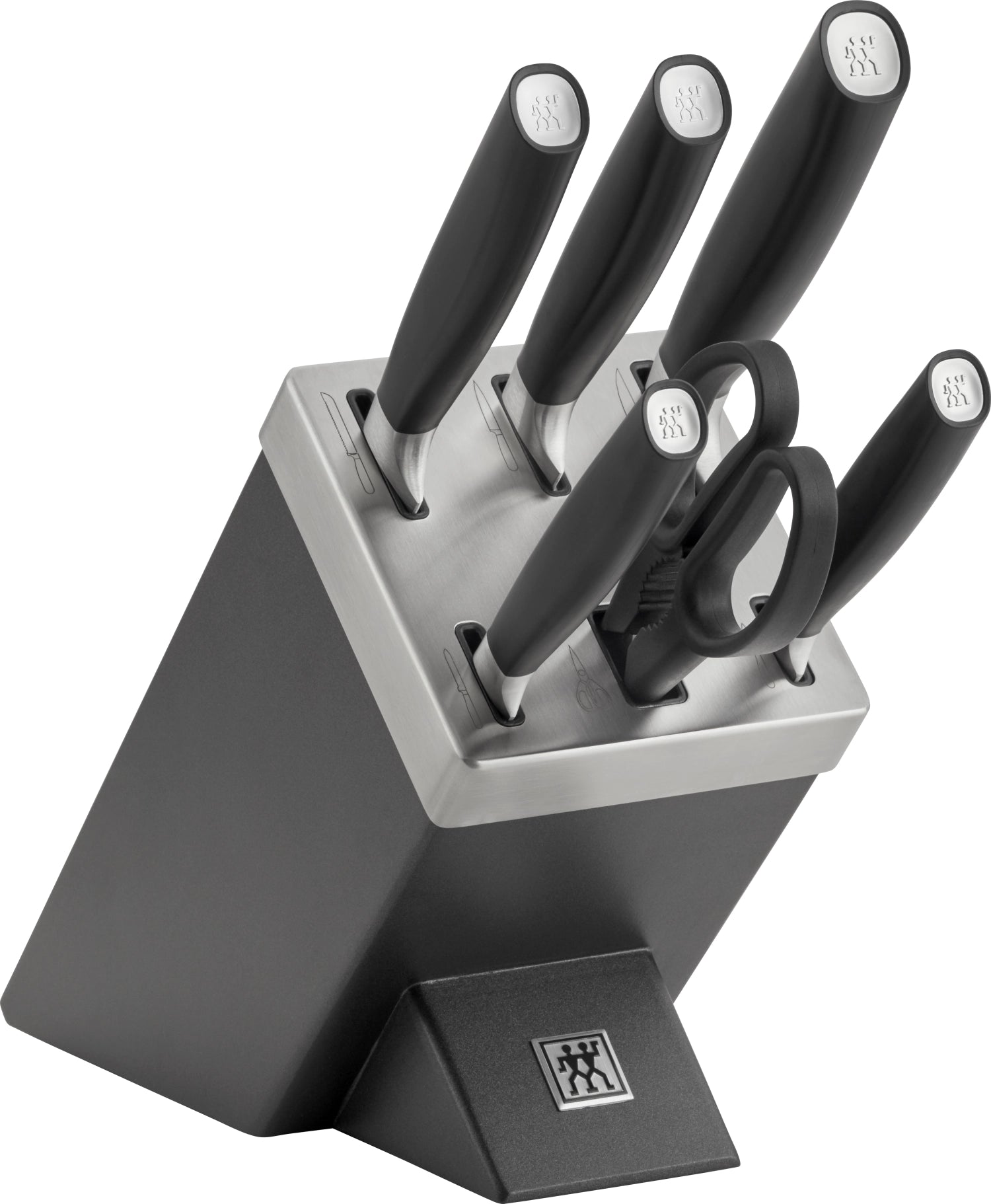 Moderner Messerblock von Zwilling All Star in chrom-silber, 7-teilig, mit selbstschärfenden Klingen für optimale Schneideleistung und stilvolle Aufbewahrung.