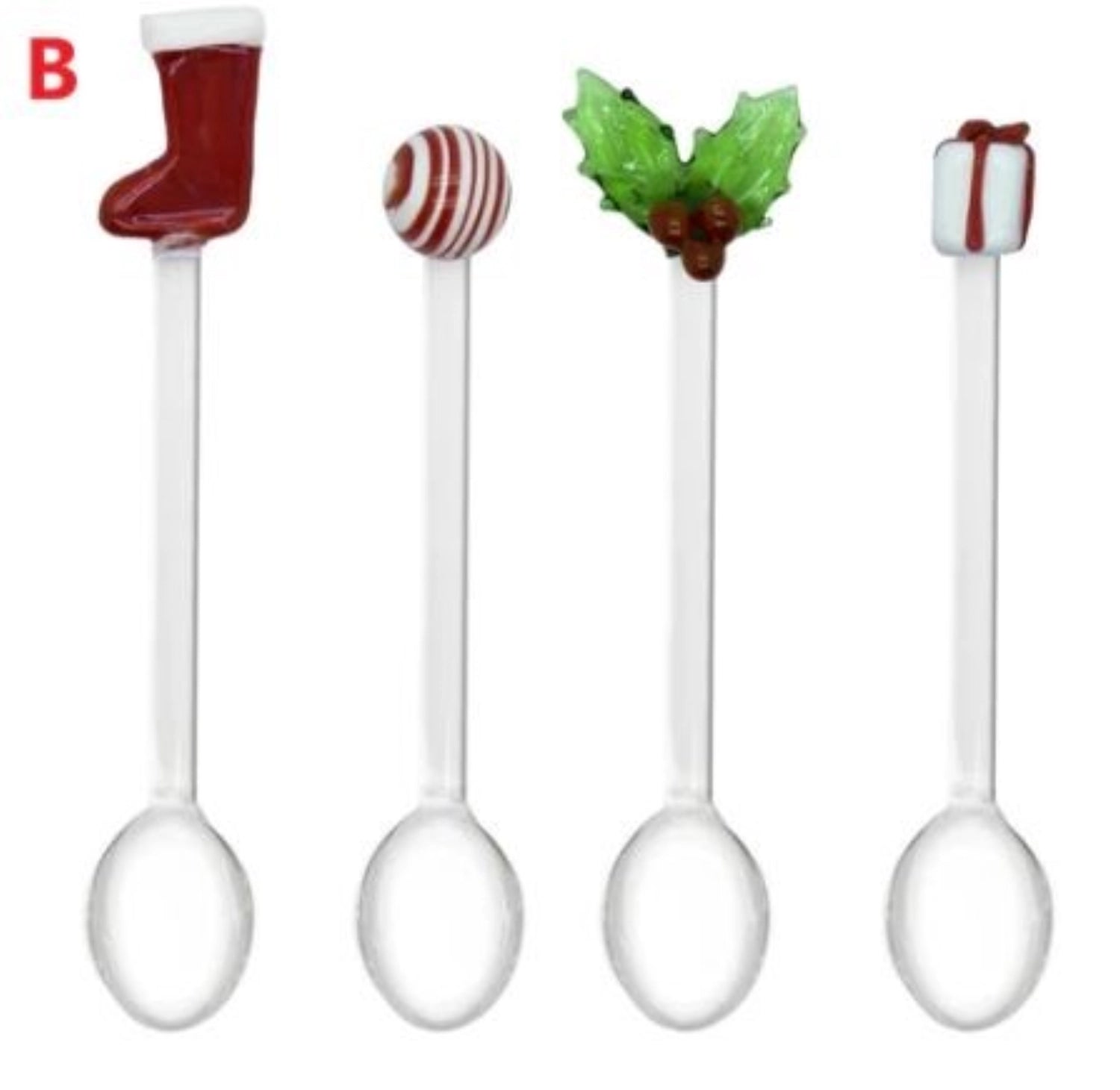 Elegantes 4er Set Teelöffel aus Glas mit festlichen Weihnachtsmotiven, perfekt für die festliche Tischdekoration und besondere Anlässe.