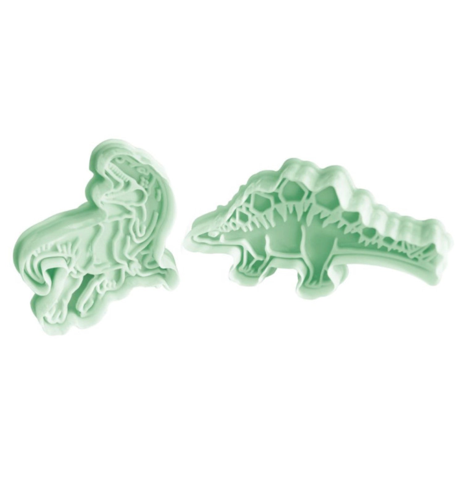 Zwei robuste Ausstechformen in Dinosaurier-Design aus Edelstahl, perfekt für kreative Backprojekte und Kindergeburtstagsfeiern.