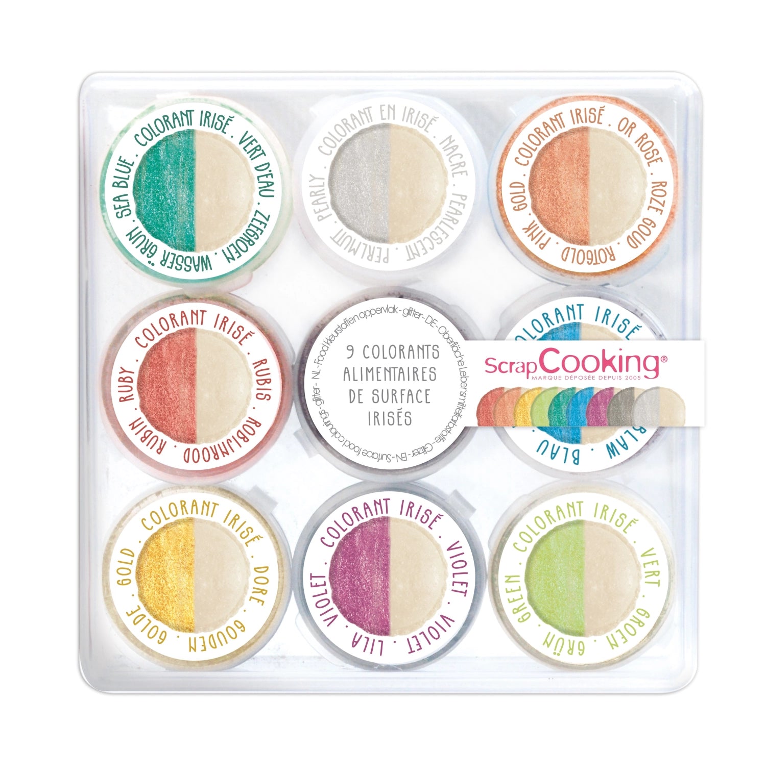 Vielseitiges 9er Set irisierender Lebensmittelfarben von Scrap Cooking, perfekt für kreative Backprojekte und lebendige Speisen.
