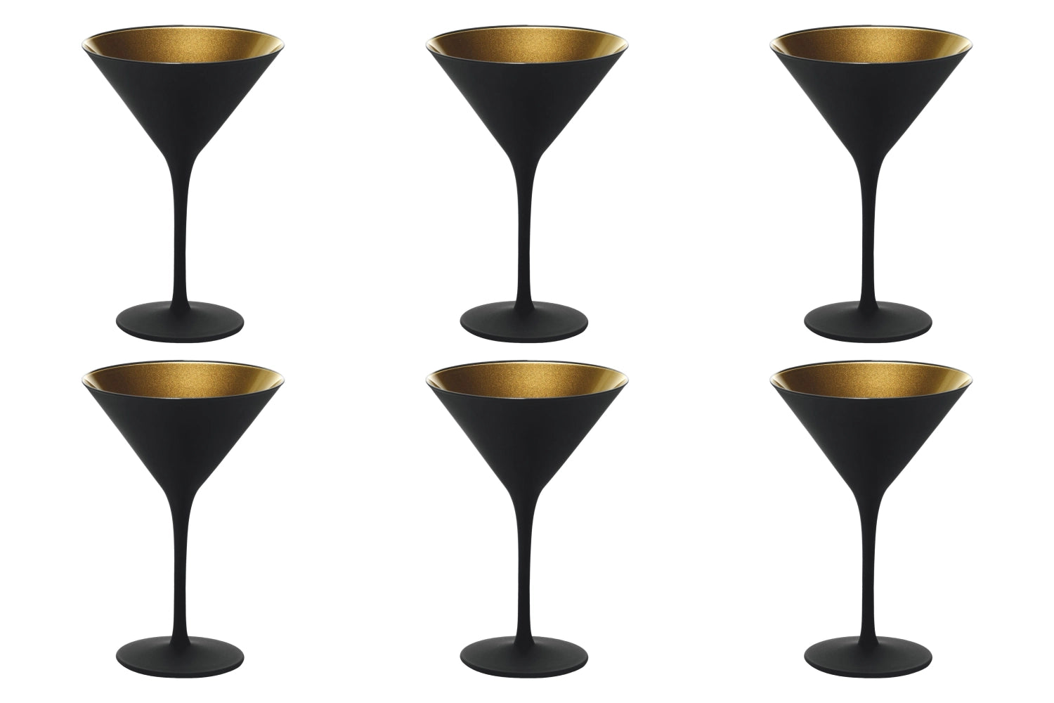 Stilvolles 6-teiliges Set von Stölzle: Cocktailschalen in edlem Schwarz mit goldenen Akzenten, perfekt für festliche Cocktails und besondere Momente.