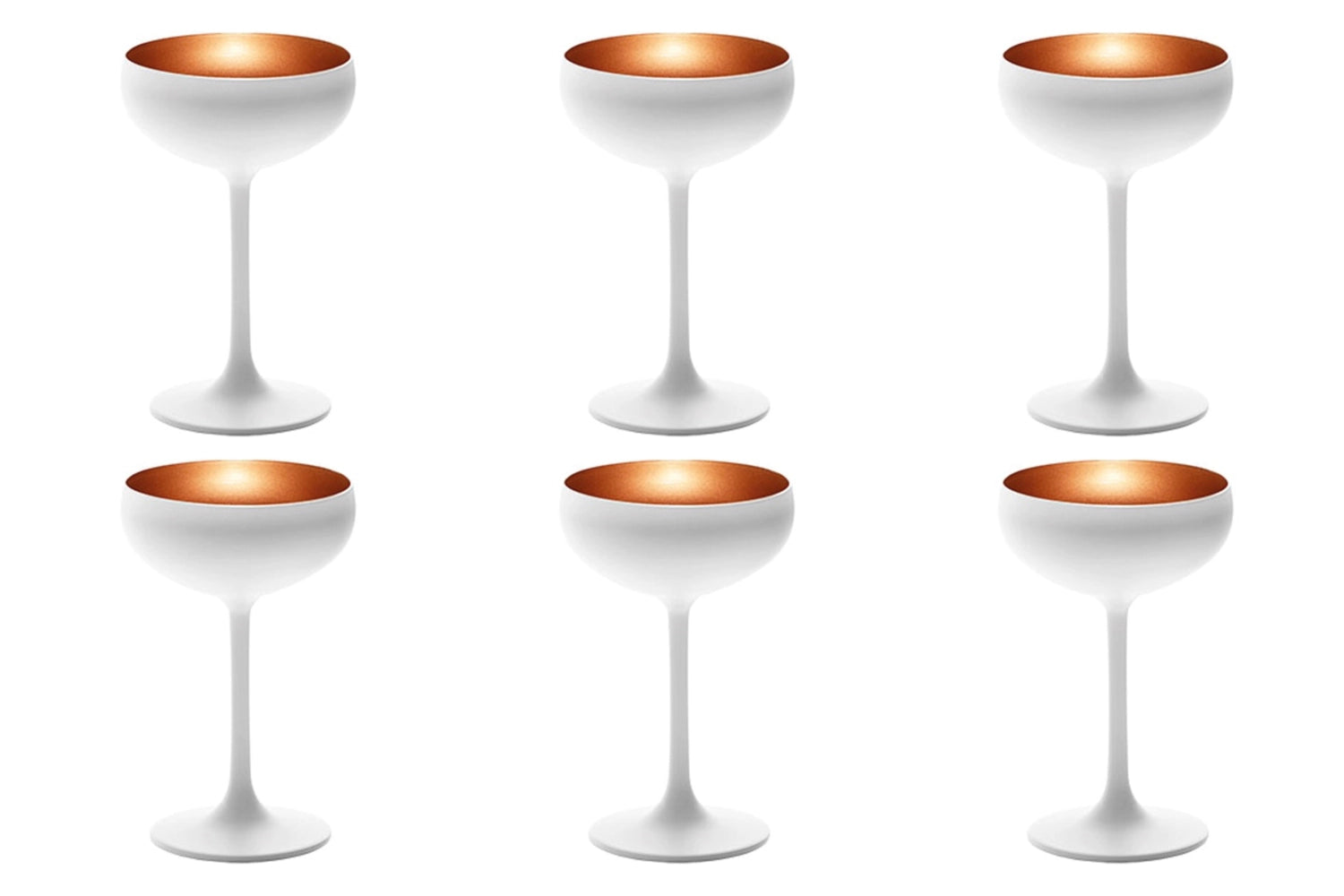 Elegantes 6er Set Sektschalen von Stölzle in Weiß und Bronze, ideal für festliche Anlässe und stilvolle Tischdekorationen.