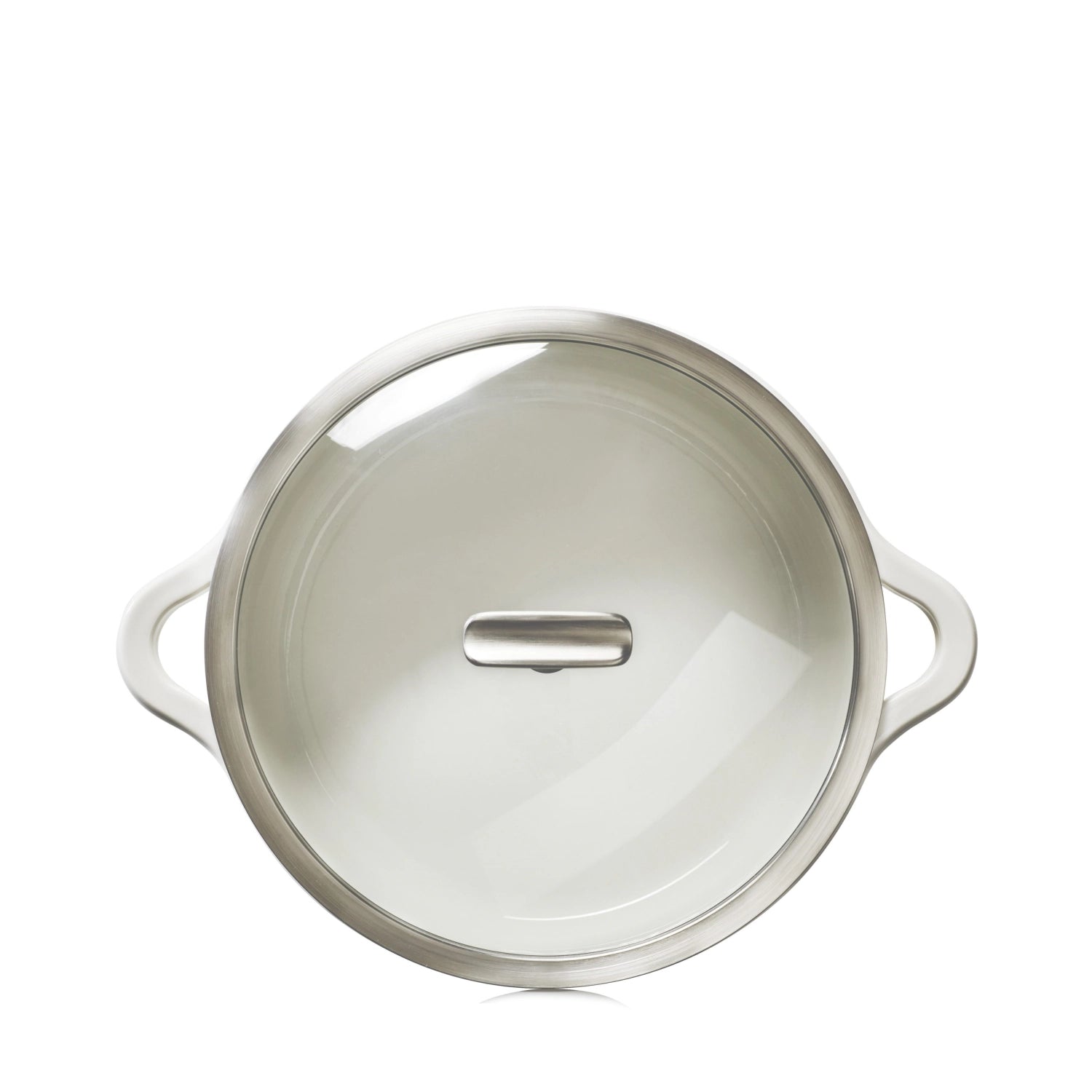 Stilvolle 29 cm Induktionskasserolle in alabasterweiß mit Glasdeckel, perfekt für präzises Kochen und ansprechende Präsentation.