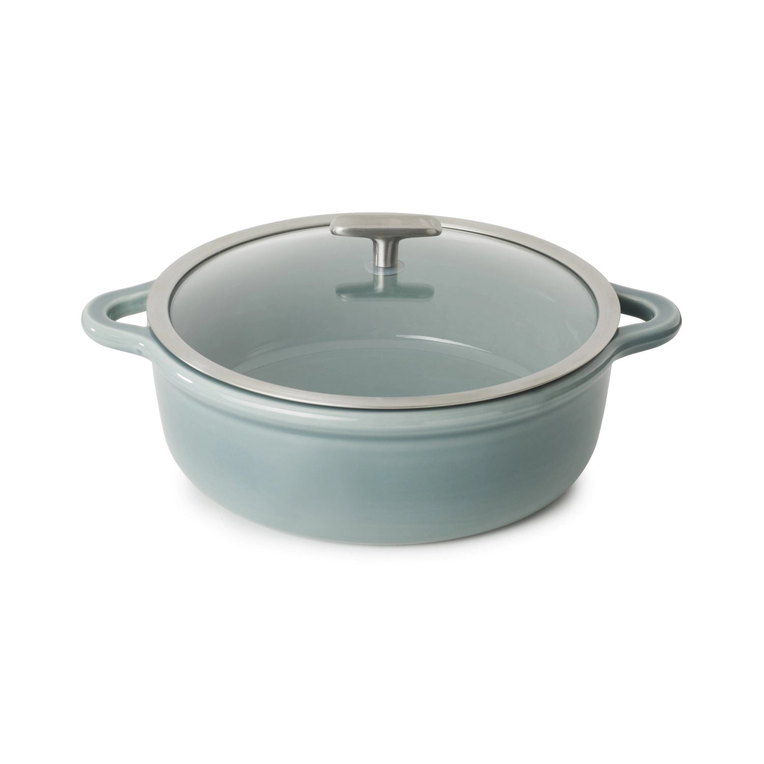Elegante 29 cm Induktionskasserolle in wolkengrau mit Glasdeckel, ideal für modernes Kochen und ansprechende Serviermöglichkeiten.