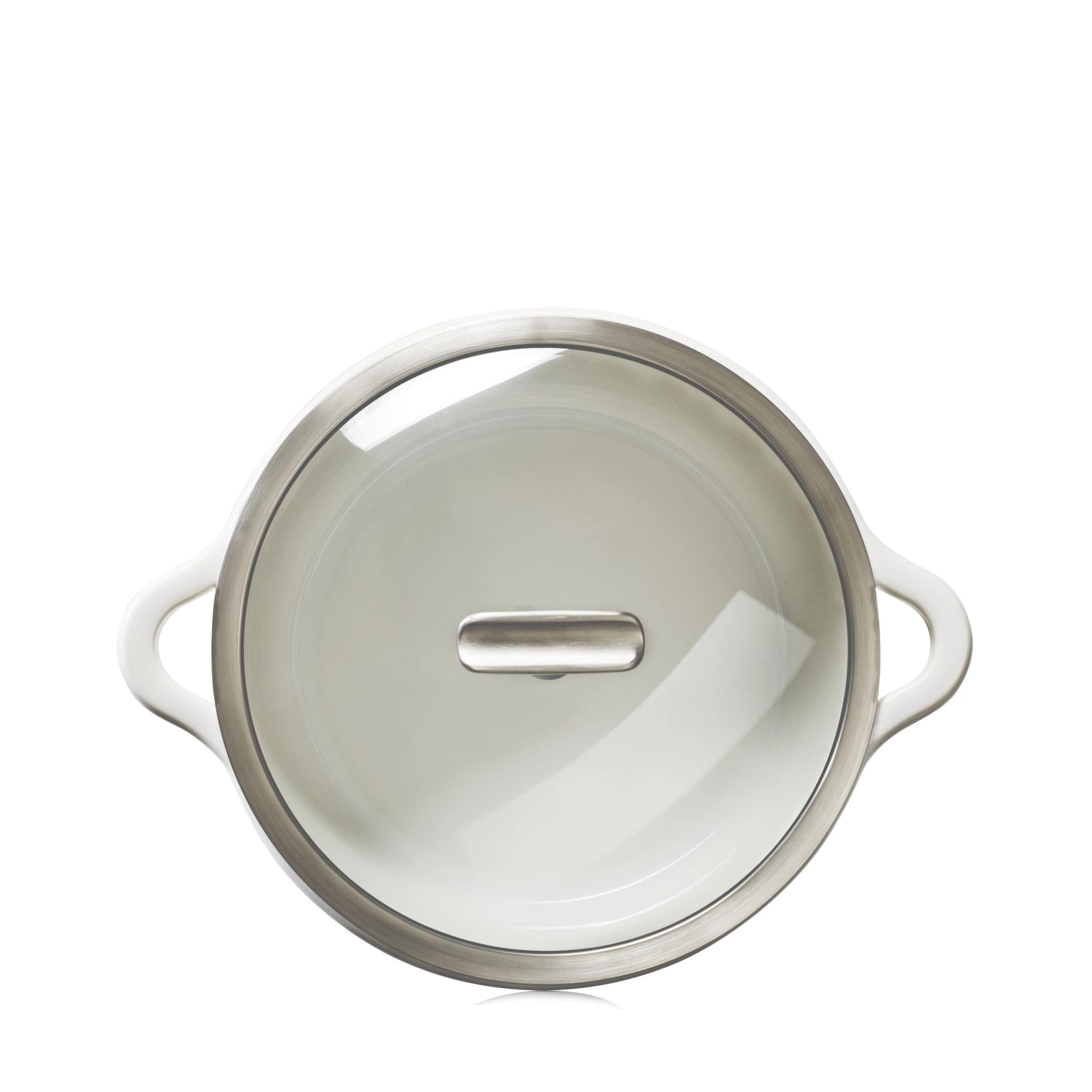 Elegante alabasterweiße Induktionskasserolle mit 26 cm Durchmesser und Glasdeckel, ideal für moderne Kochtechniken und ansprechendes Design.