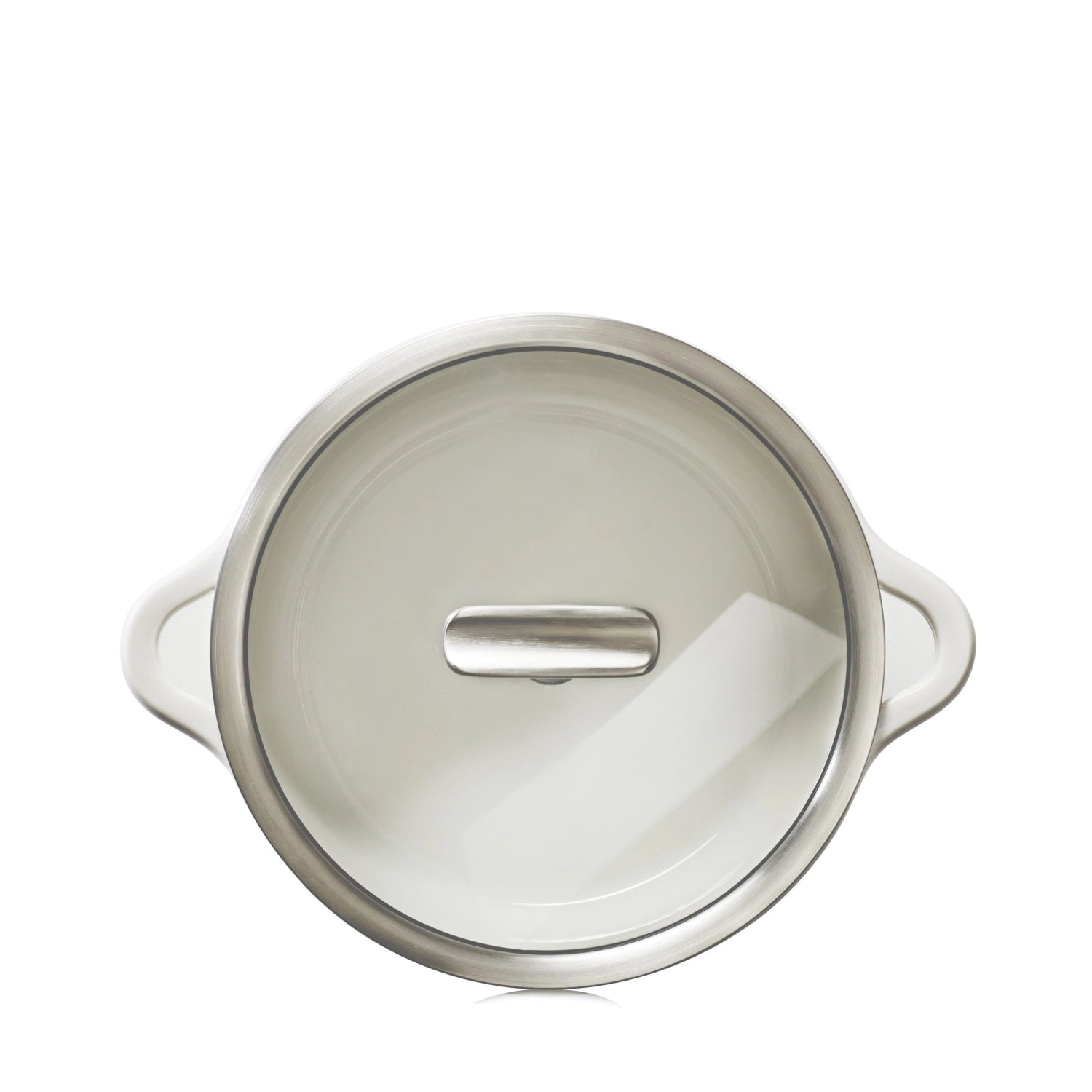 Elegante D22cm Induktionskasserolle in Alabasterweiß von Revol, ideal für präzises Kochen, inklusive stabiler Glasabdeckung.