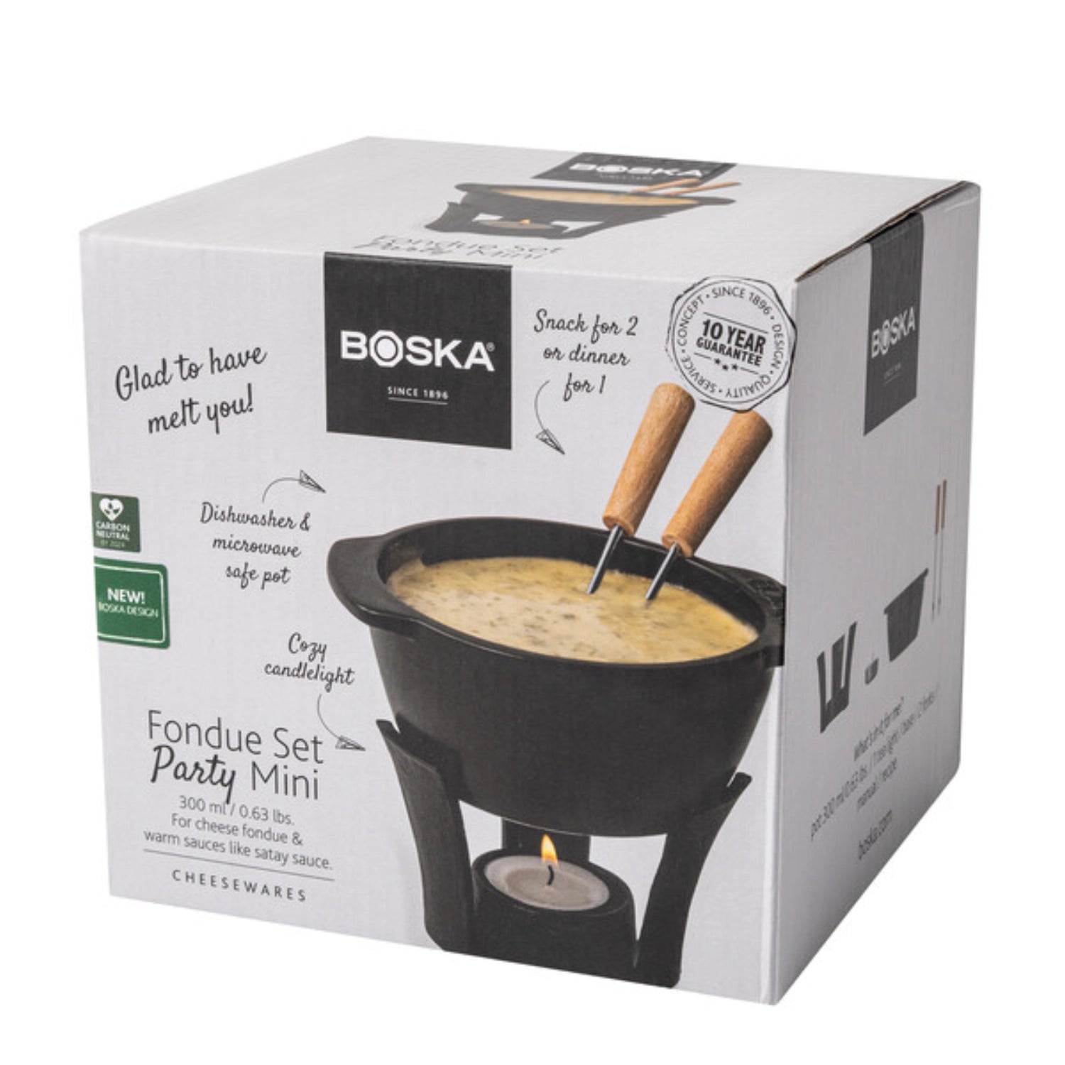 Kompaktes Party Mini Fondue Set von Boska, perfekt für gesellige Abende mit Freunden, inklusive Töpfen und Gabeln für köstliches Schmelzen.