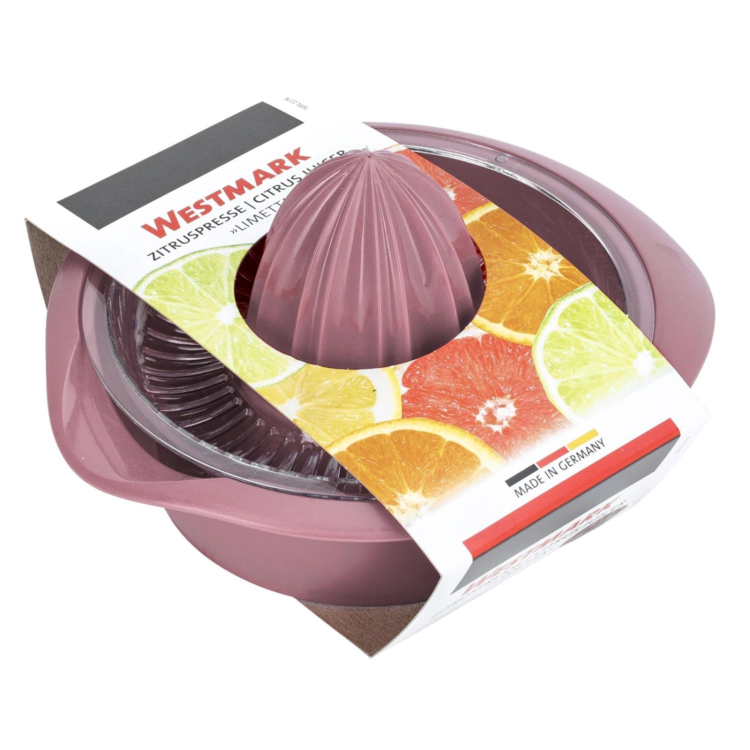 Elegante rosa Zitruspresse von Westmark, perfekt für die Zubereitung von frischen Zitrussäften. Kompakte 0.5l Größe für müheloses Pressen.