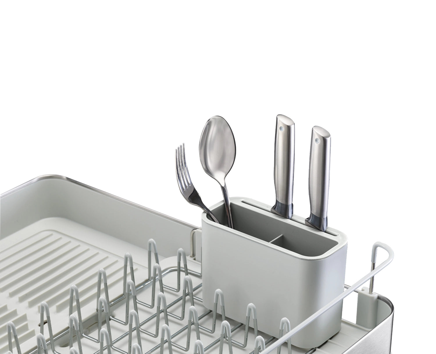 Elegantes, ausziehbares Abtropfgestell aus Edelstahl von Joseph Joseph, optimal für effizientes Trocknen von Geschirr und Besteck in der Küche.