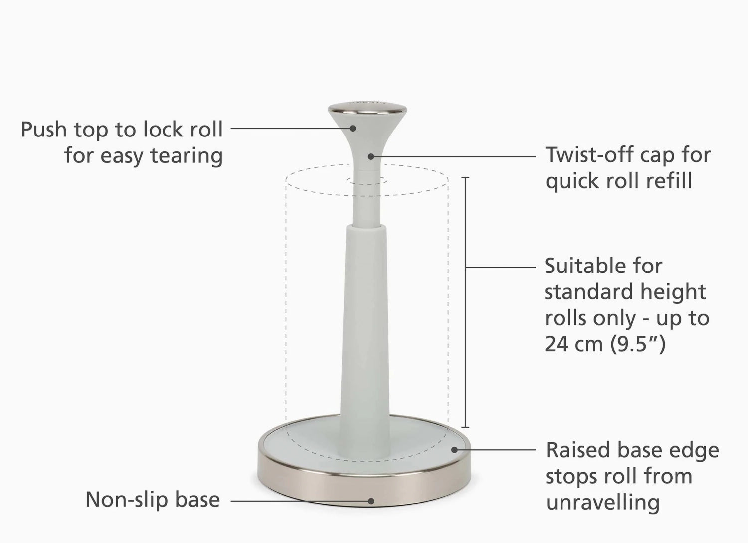 Stylischer Papierrollenhalter in Ecru von Joseph Joseph, ideal für Küchenrollen bis 24 cm, bietet praktische Handhabung und modernes Design.