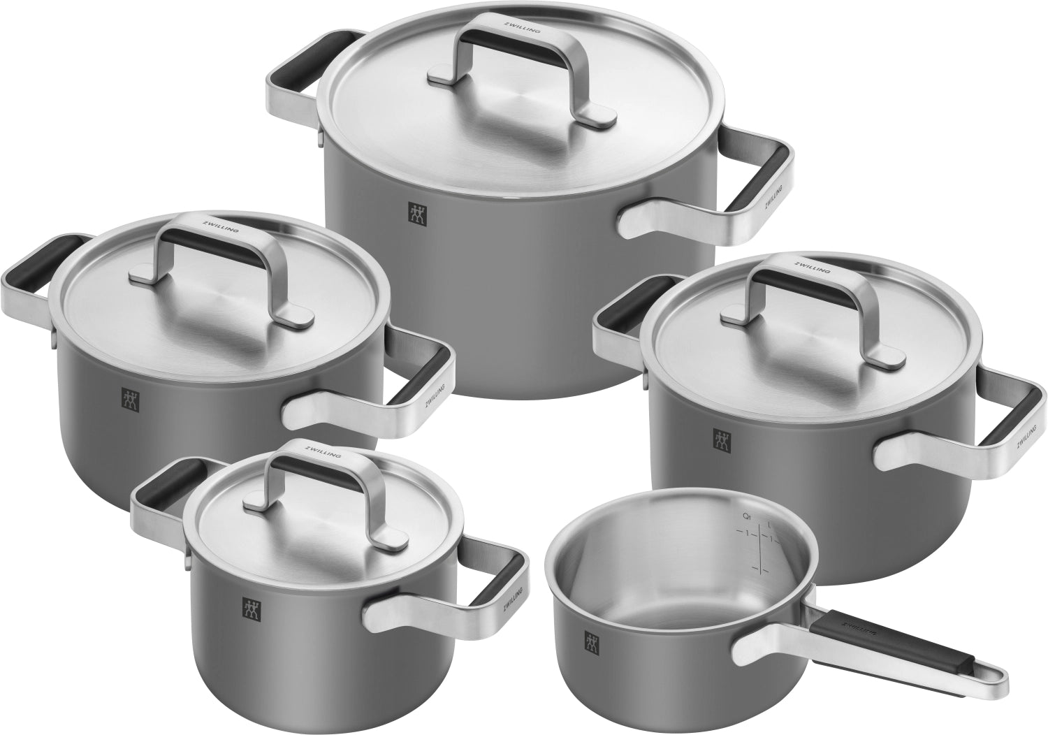 Modernes 5-teiliges Kochgeschirrset in Grau von Zwilling, perfekt für vielseitige Kochtechniken und ansprechendes Küchendesign.