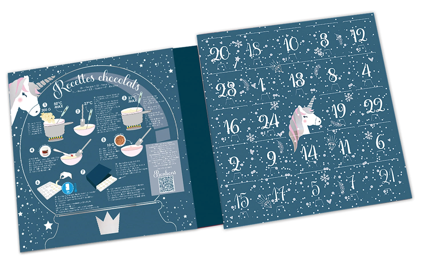 Adventskalender mit zauberhaften Einhorn-Schokogiessformen von Scrap Cooking – ideal für festliche Backabenteuer und süße Überraschungen in der Vorweihnachtszeit.