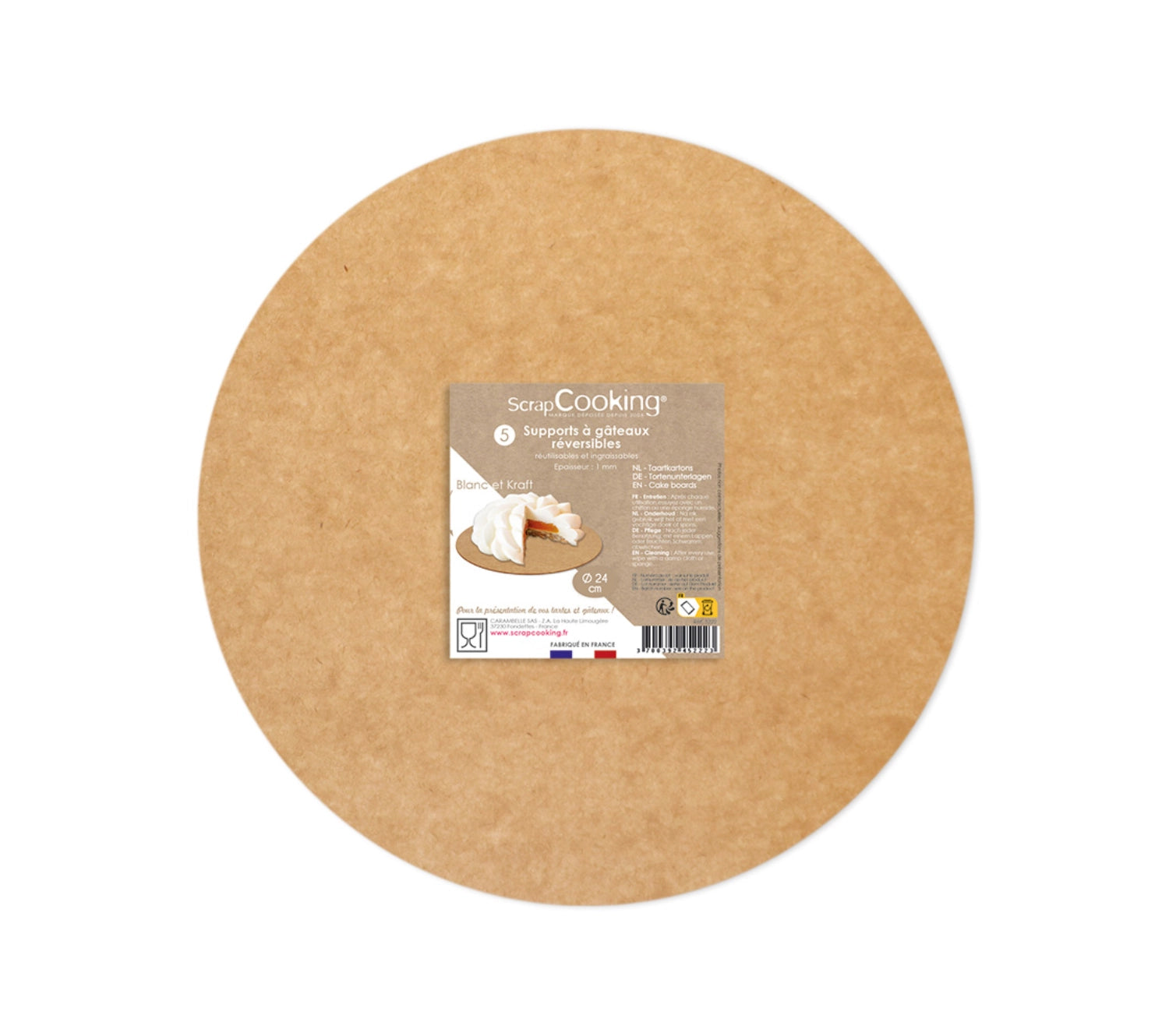 Set aus 5 robusten Kuchenunterlagen aus Kraftpapier (D24cm) für ansprechendes Servieren und Backen von Torten und Desserts.