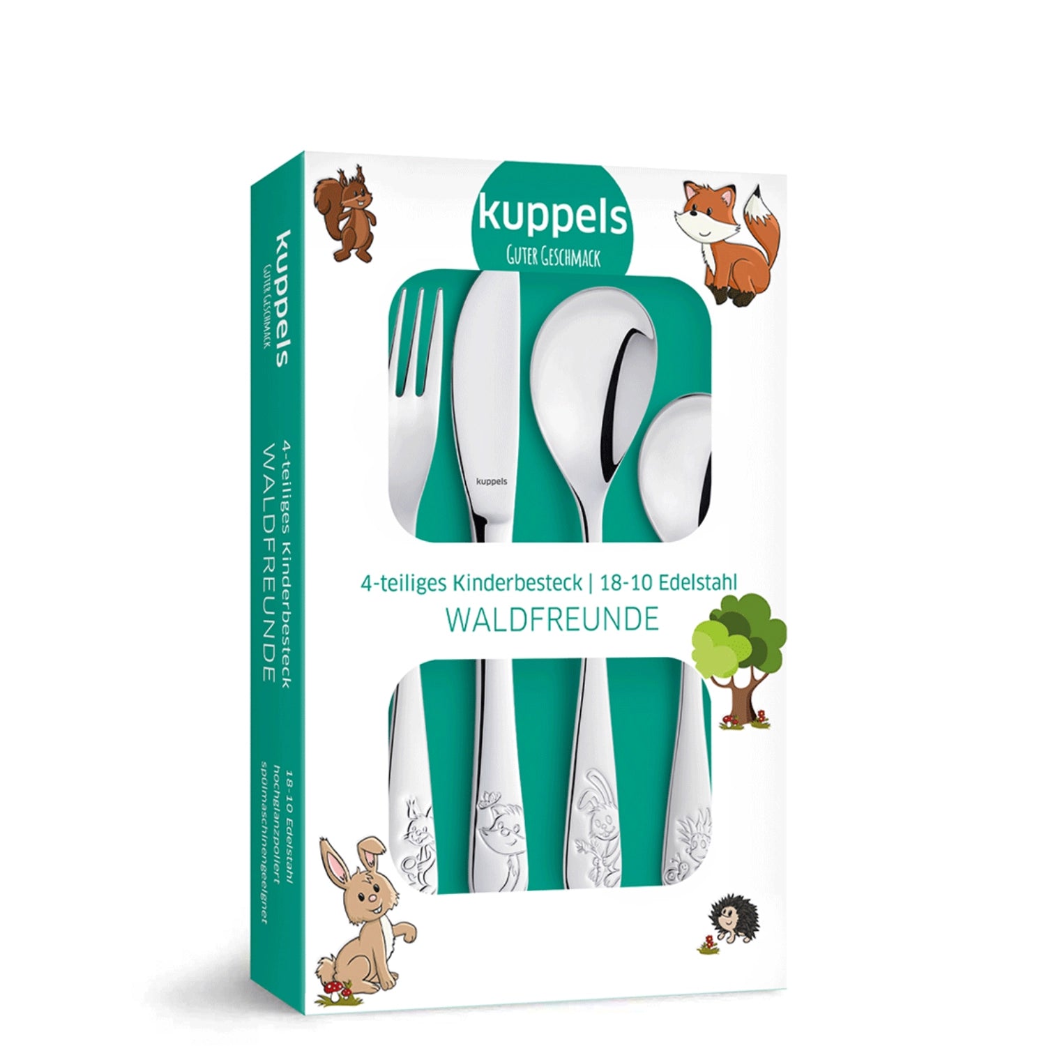 Buntes 4-teiliges Kinderbesteck "Waldfreunde" von Amefa, ideal für Kinder, aus robustem Edelstahl, sorgt für Spaß beim Essen und Entdecken.