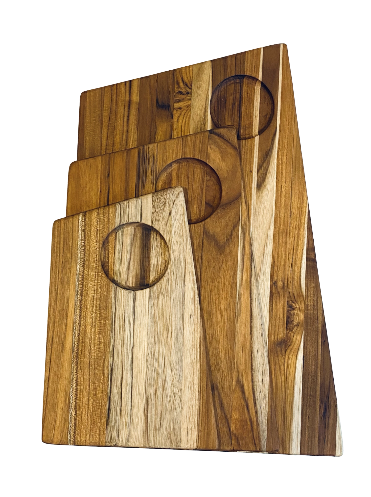 Trapezförmiges Geo Schneidbrett in Braun, Maße 37x25x1.5cm, aus hochwertigem Teakholz, ideal für die moderne Küche.