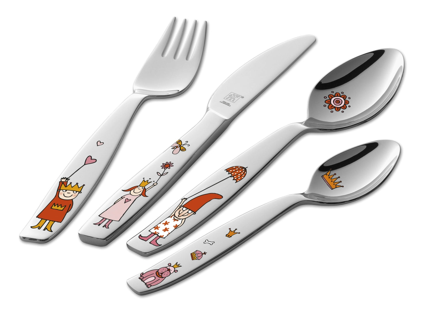Hübsches 4-teiliges Kinderbesteck Emilie von Zwilling, perfekt für kleine Hände, um das Essen mit Freude zu entdecken und selbstständig zu genießen.