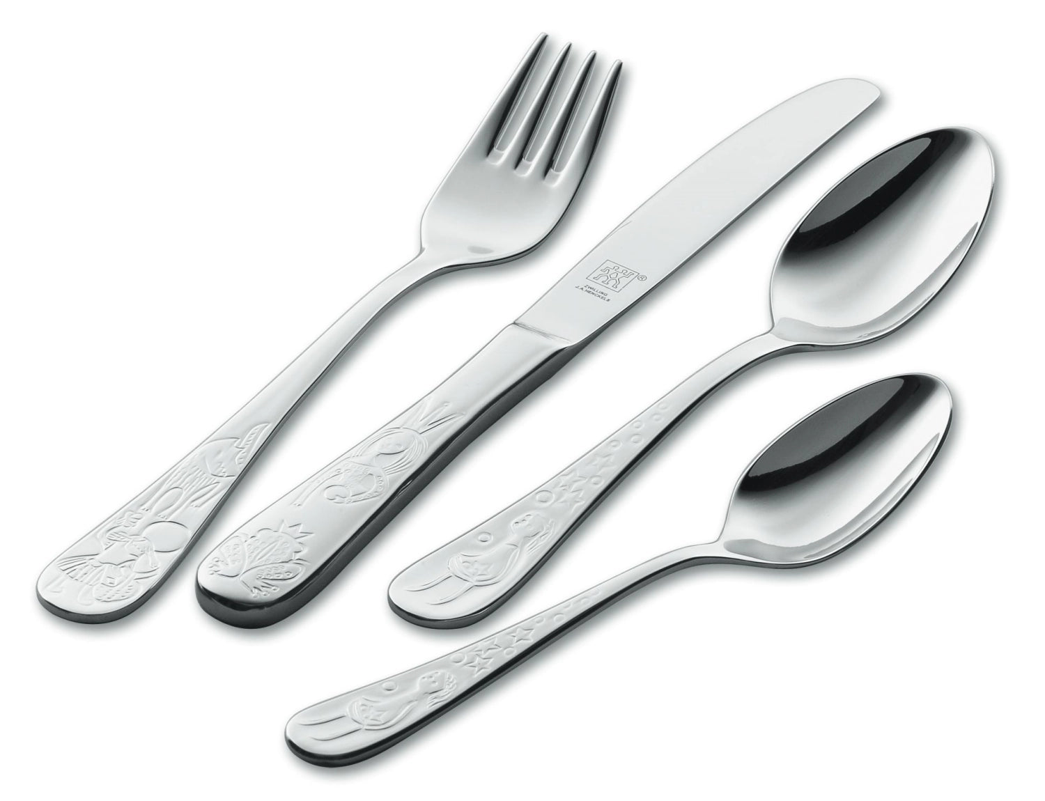 Verspieltes 4-teiliges Kinderbesteck von Zwilling, inspiriert von Grimms Märchen, ideal für Kinder, um das Essen kreativ zu erleben.