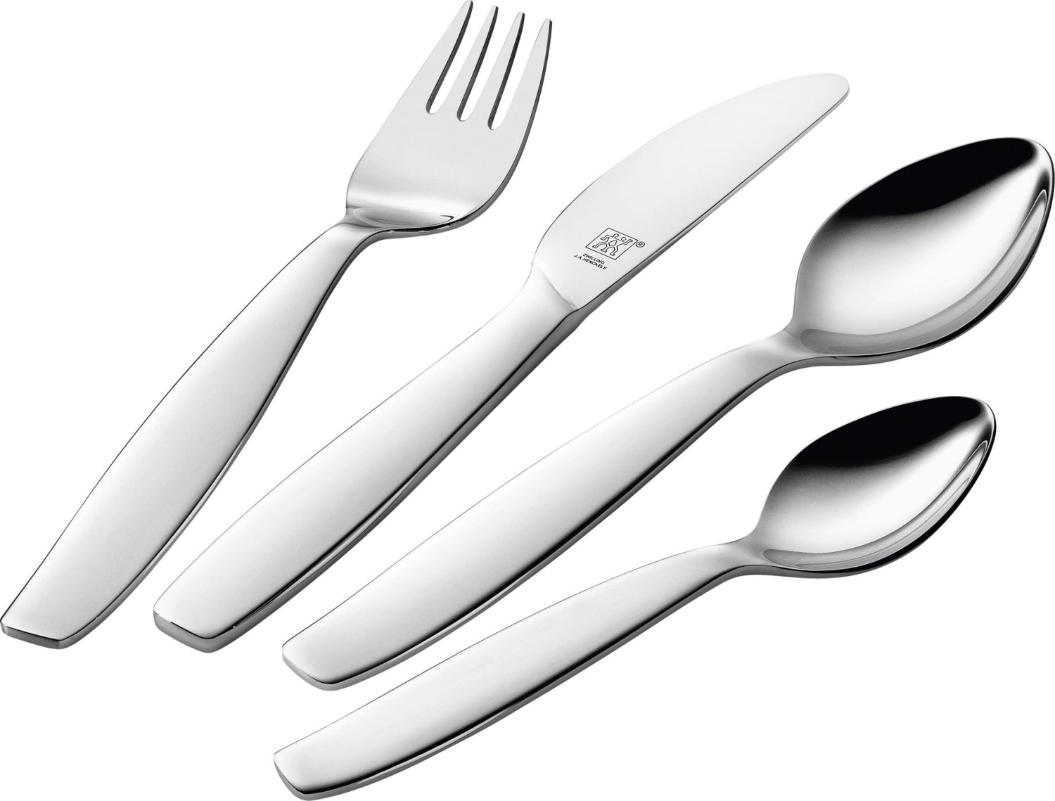 Charmantes 4-teiliges Kinderbesteck Pila von Zwilling, ideal für kleine Hände und erste Mahlzeiten, aus hochwertigem Edelstahl gefertigt.