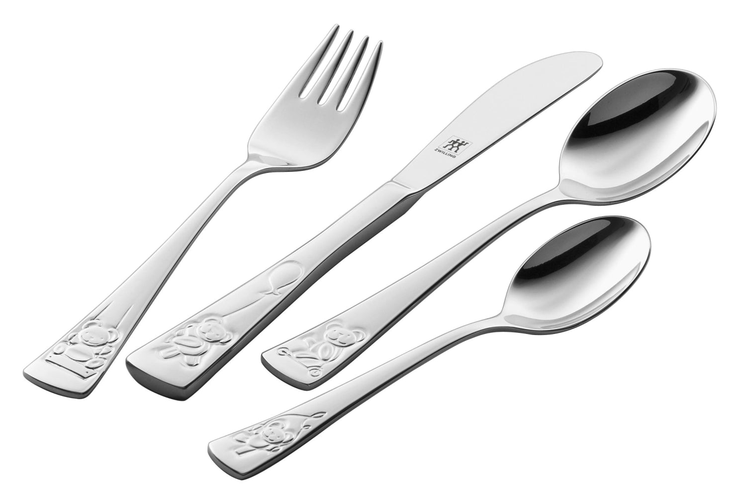 Niedliches 4-teiliges Kinderbesteck Teddy von Zwilling, ideal für Kinder, aus robustem Edelstahl, sorgt für Spaß beim Essen.