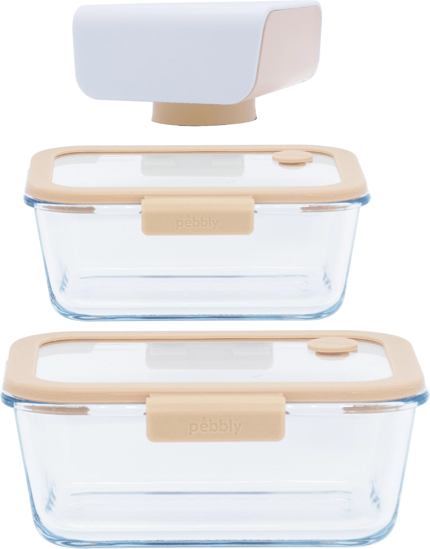 Praktisches 3er Set Vakuum Vorratsdosen aus Glas mit Vakuum Pumpe von Pebbly, ideal zur frischen Aufbewahrung von Lebensmitteln.