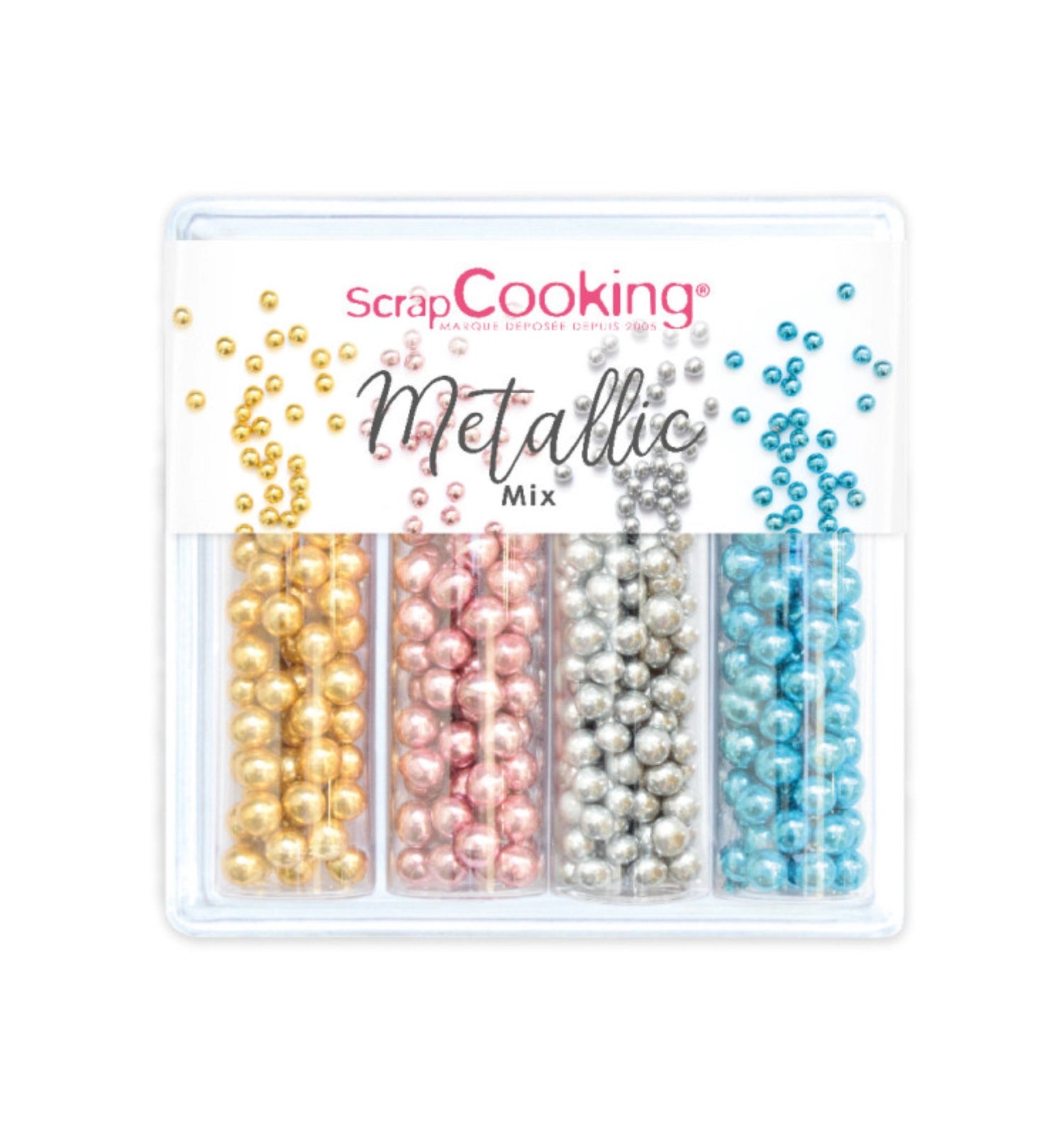 Buntes 4er Set Zuckerstreusel Mix mit metallic Perlen (52g) für kreative Backideen und festliche Dekorationen von Scrap Cooking.