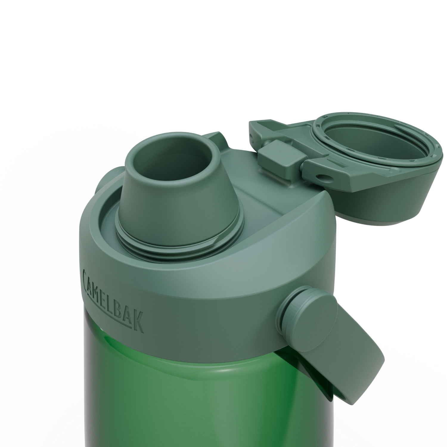 Stylische Camelbak Trinkflasche Thrive Flip Straw 0,75 l in Waldgrün, perfekt für aktive Abenteuer und unterwegs, mit praktischem Trinkdeckel.