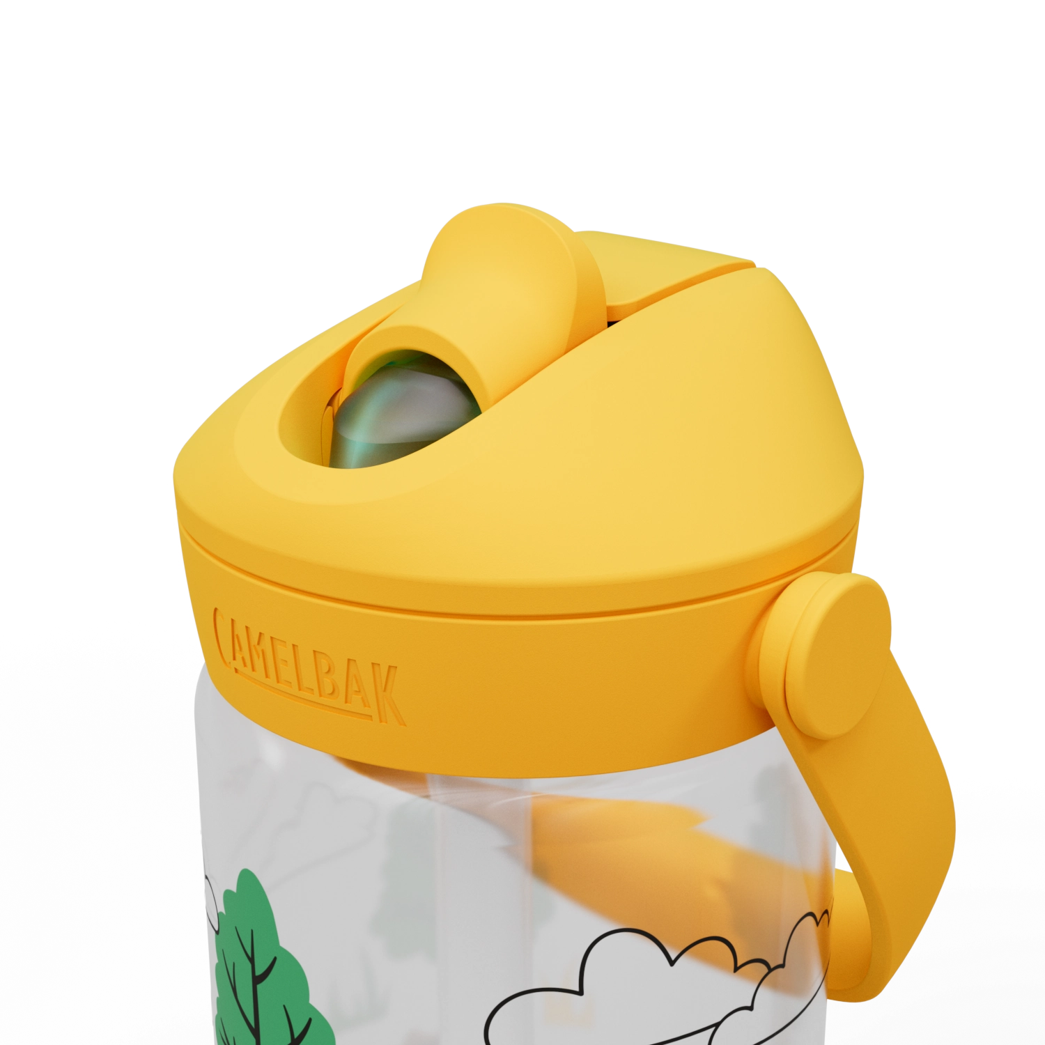 Bunte Camelbak Trinkflasche für Kinder mit fröhlichem Traktor- und Baum-Motiv, 0,4 l, ideal für Schule und Freizeit.