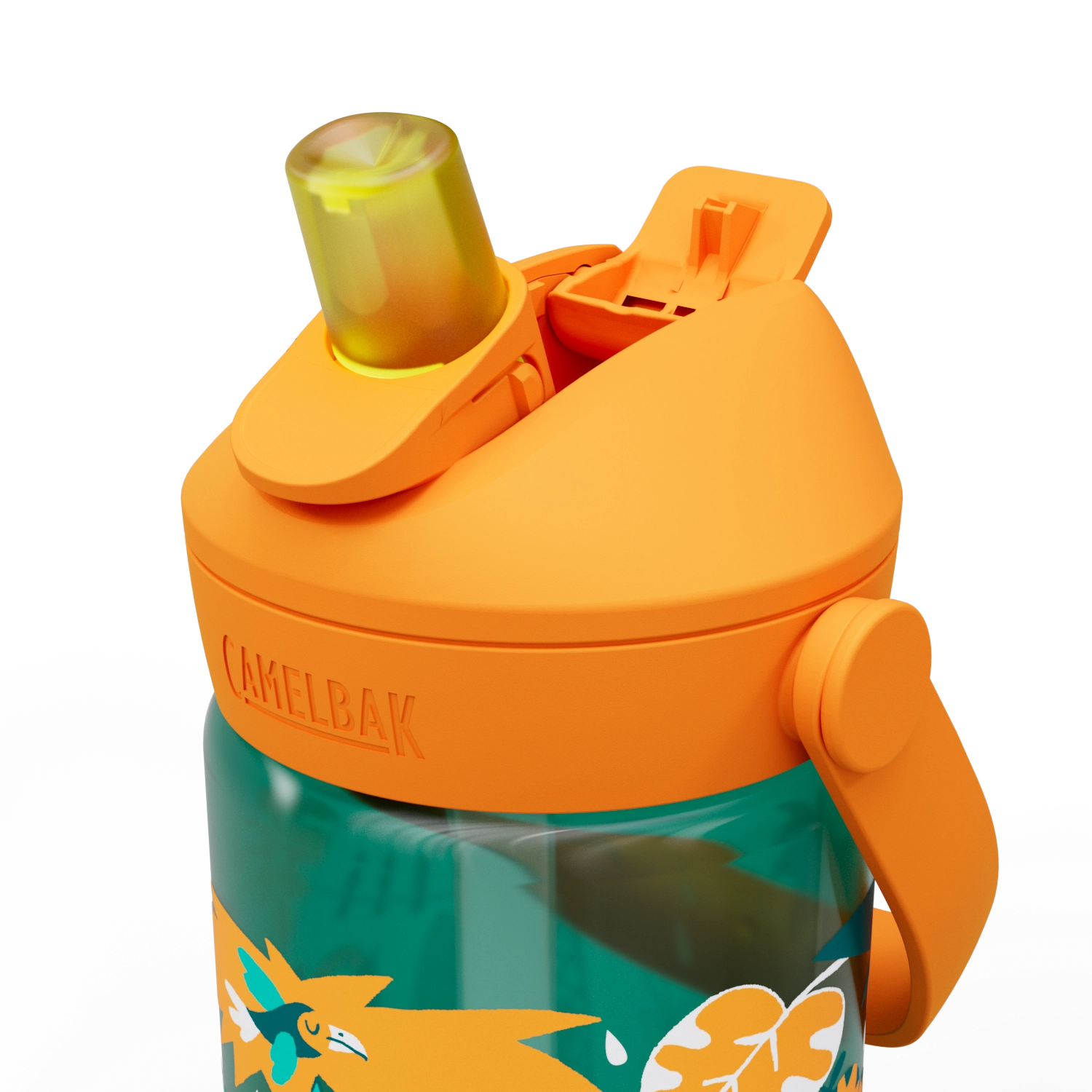 Bunte Trinkflasche für Kinder mit Flip-Strohhalm, verziert mit Dschungeltieren, ideal für Abenteuer und Hydration unterwegs.