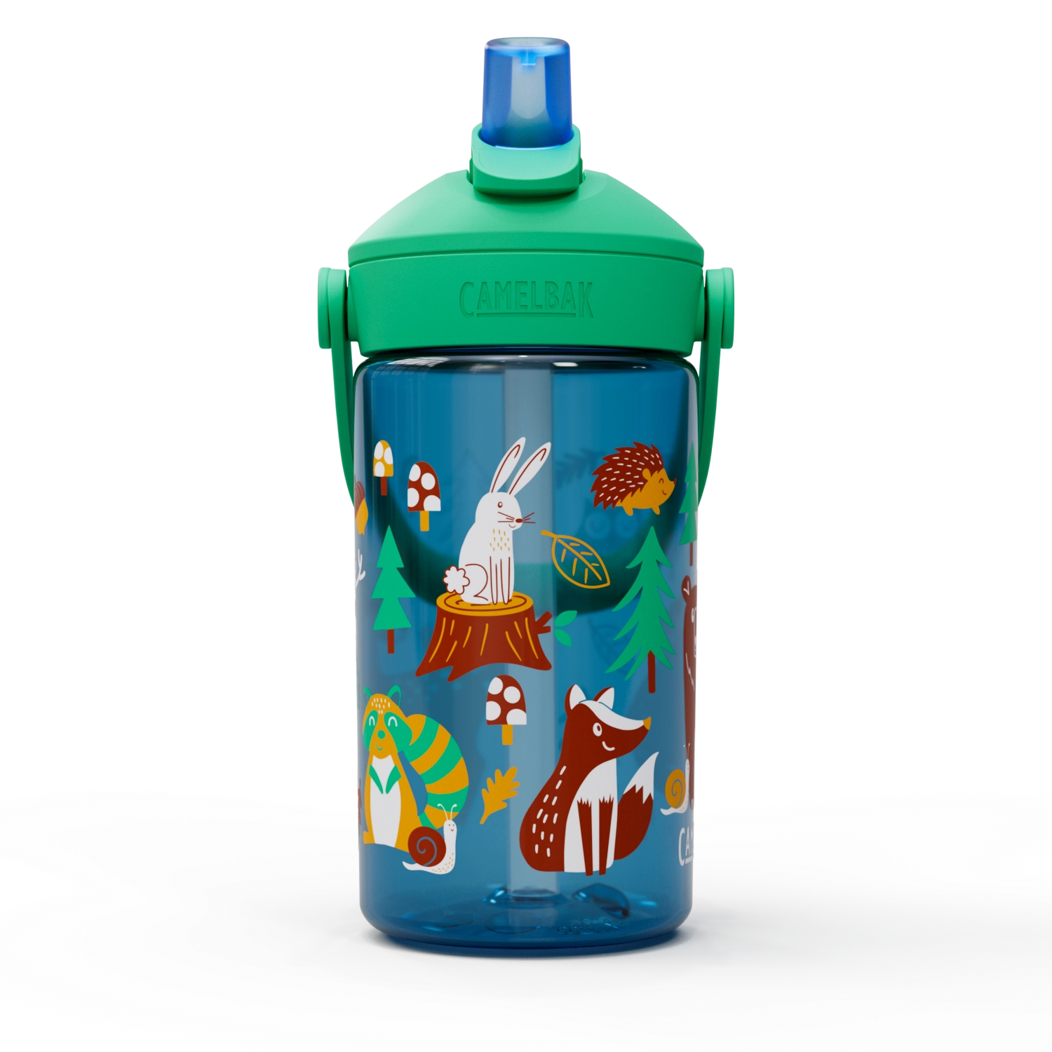 Bunte Camelbak Trinkflasche Thrive Flip Straw Kids 0.4l im freundlichen Walddesign, perfekt für aktive Kinder und umweltbewusste Eltern.