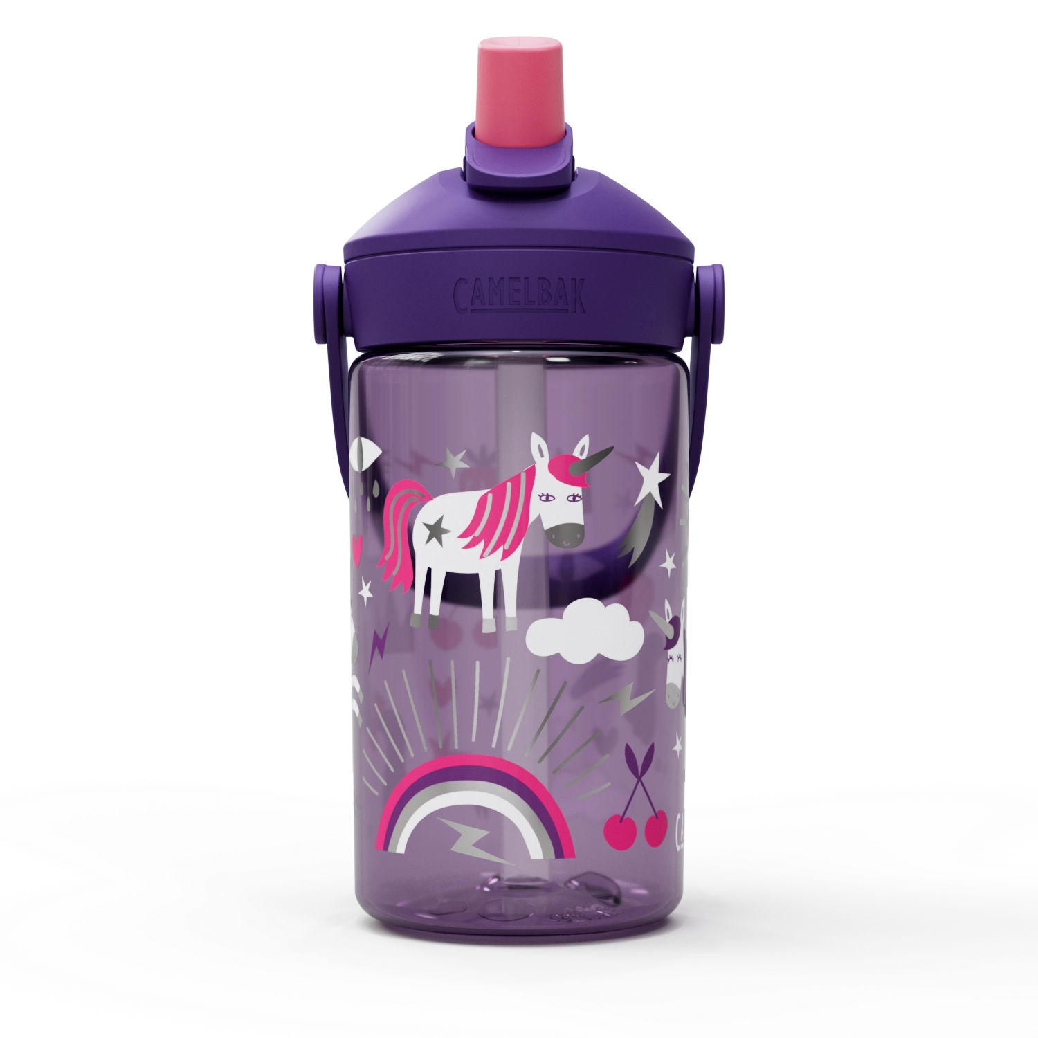 Bunte Trinkflasche für Kinder mit Einhorn-Motiv, 0.4l, ideal für Partys und unterwegs, von Camelbak. Praktischer Flip-Strohhalm für einfaches Trinken.