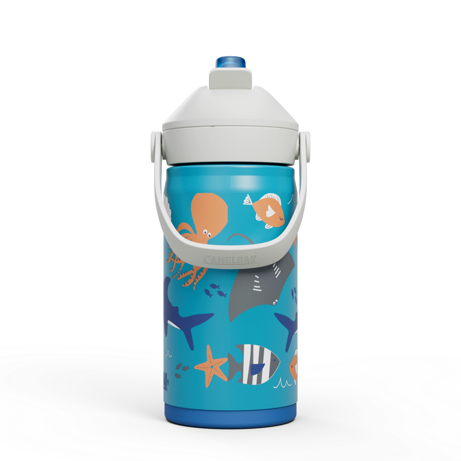 Bunte Trinkflasche für Kinder mit Flip-Strohhalm, 0,35 l, im Ozeanleben-Design von Camelbak, ideal für aktive Abenteuer und Hydration.