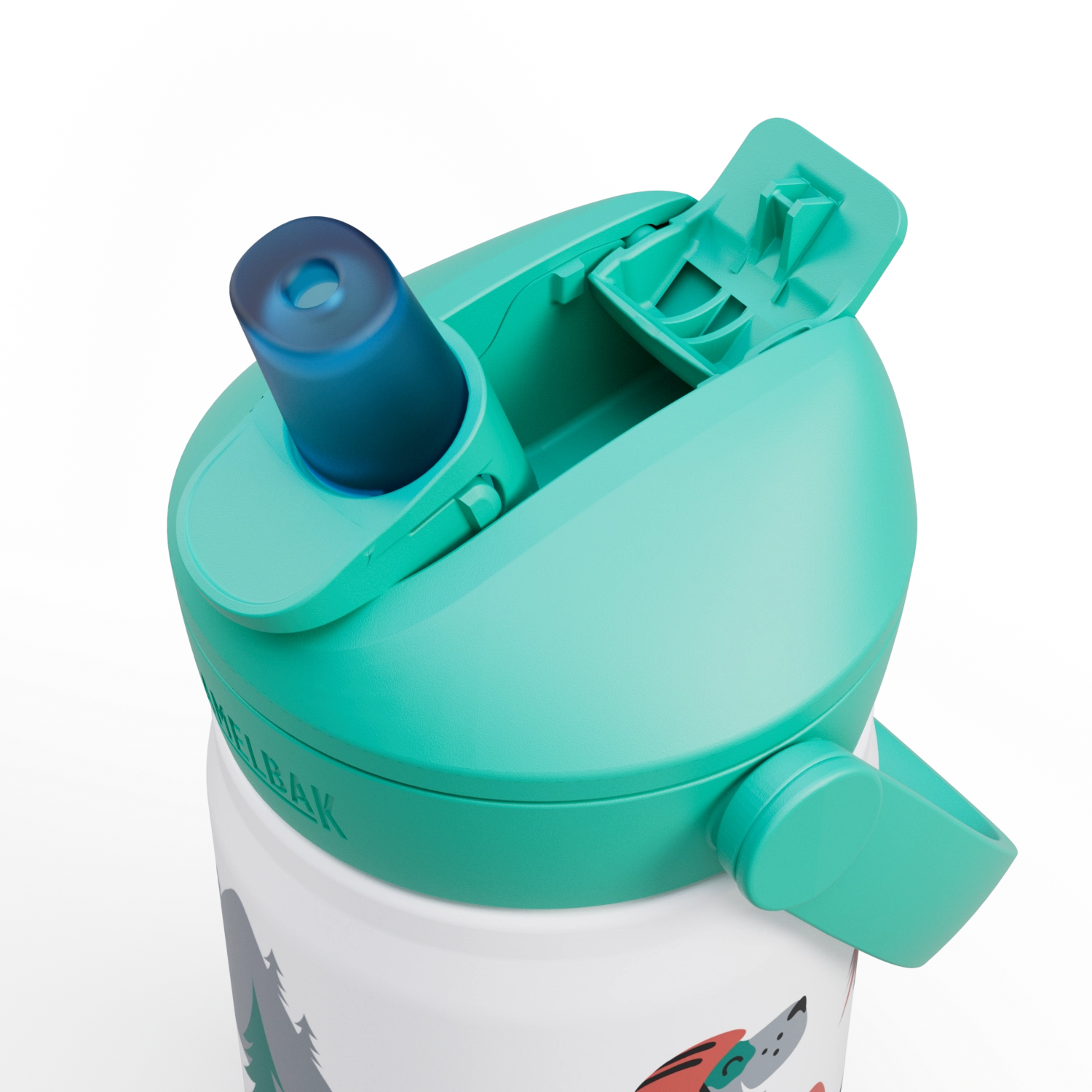 Bunte Camelbak Trinkflasche Thrive Flip Straw Kids VSS 0.35l mit Hunde-Motiv, ideal für aktive Kinder und Outdoor-Abenteuer.