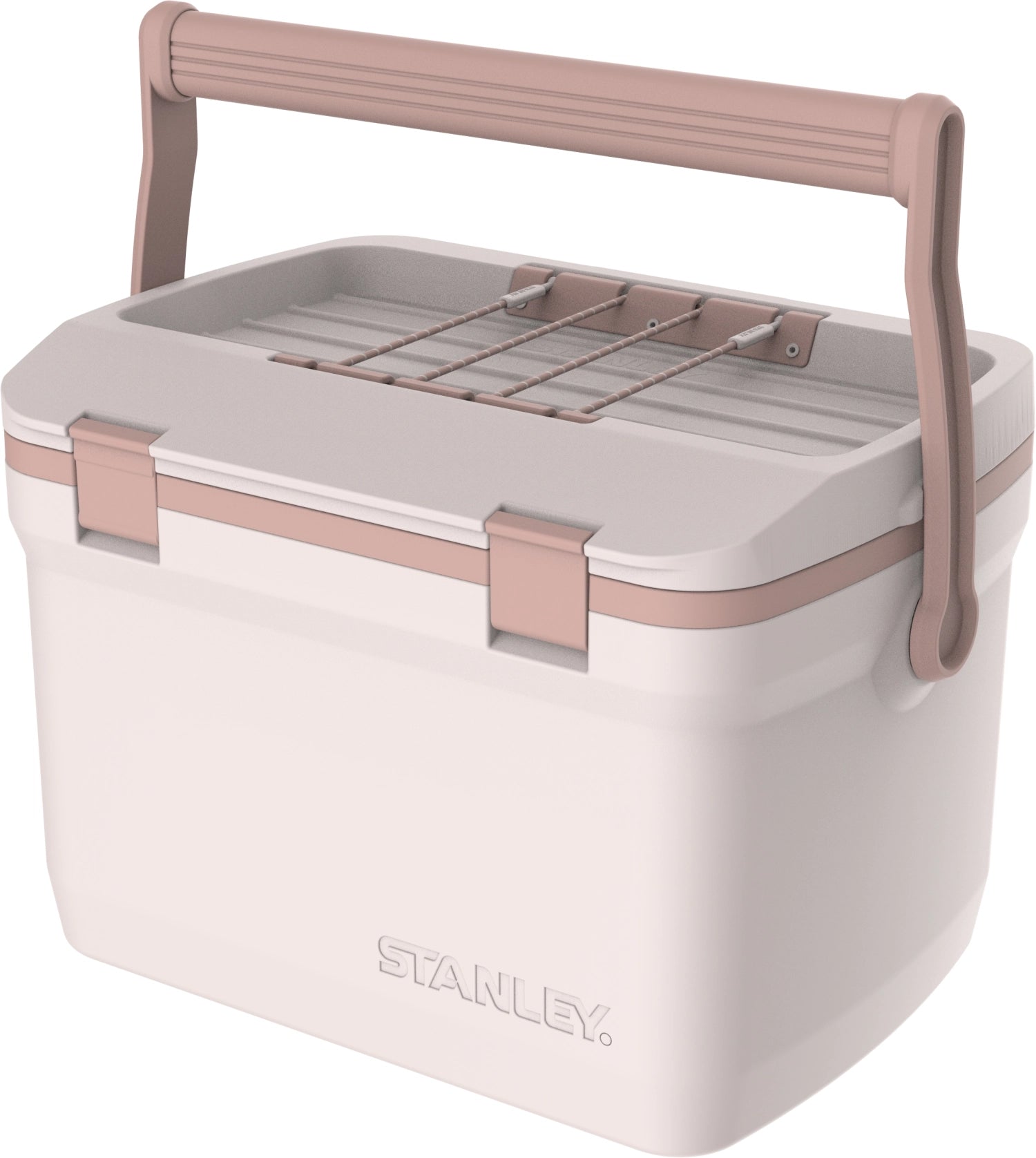 Stylische Kühltasche in Rosé mit 15.1l Volumen, ideal für Outdoor-Aktivitäten und Picknicks, von Stanley für unterwegs.