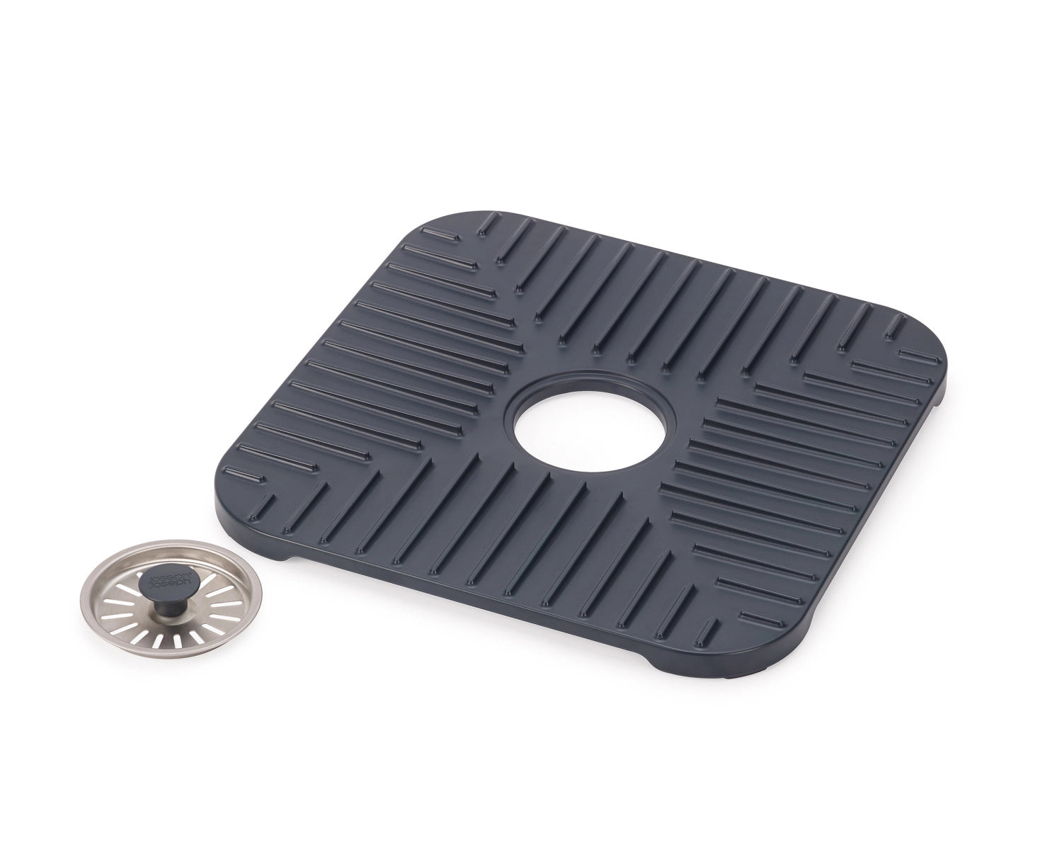 Stylische Abtropfmatte SinkShield von Joseph Joseph, 30x30cm, mit innovativem Abfluss für effizientes Trocknen und ordentliche Arbeitsflächen.
