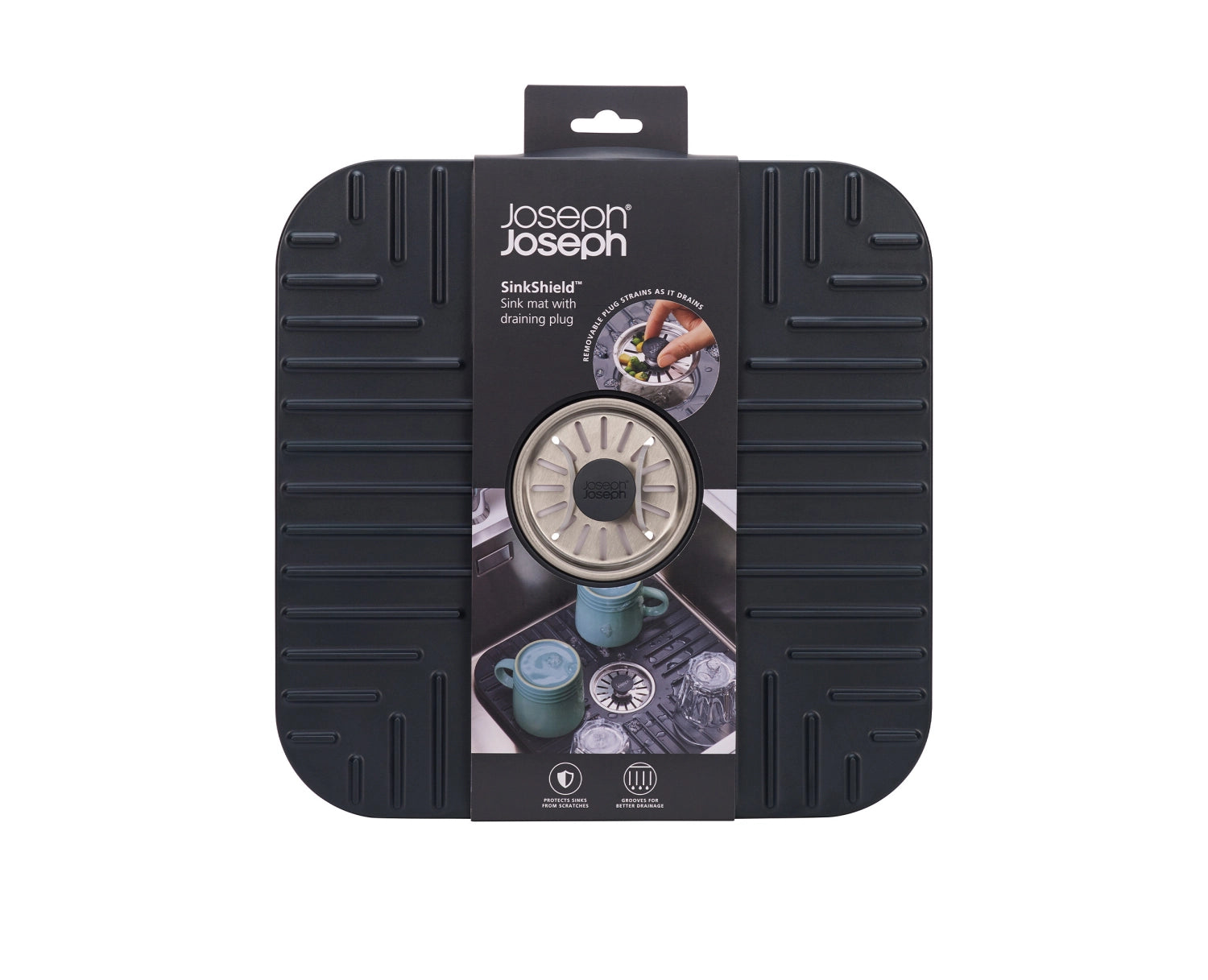 Praktische Abtropfmatte SinkShield von Joseph Joseph, 30x30cm, mit cleverem Abflussdesign für schnelles Trocknen und saubere Küchennutzung.